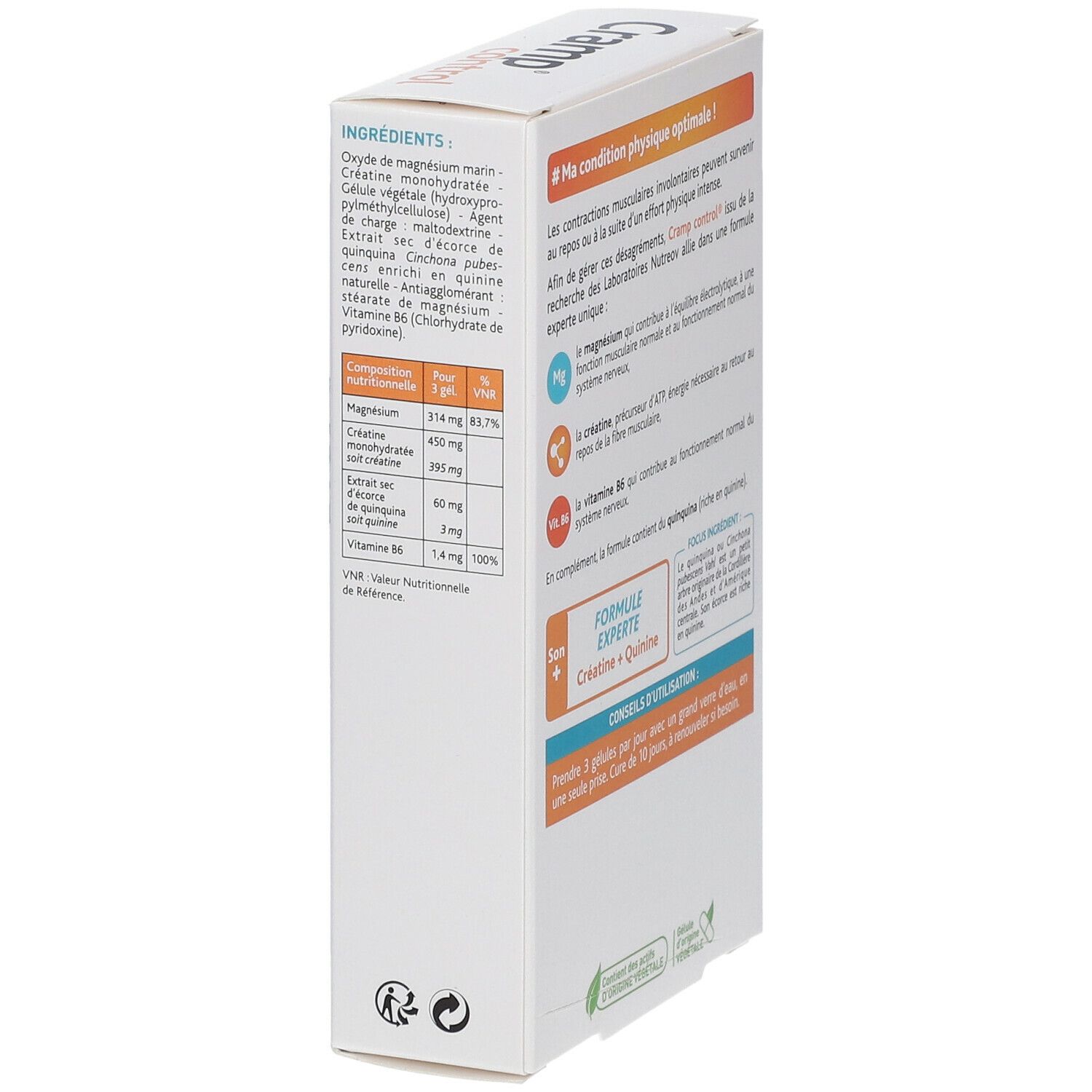 Côté de la boîte de Cramp Control. Contient des informations sur les ingrédients et les valeurs nutritionnelles. Inscription : Formule Experte Créatine + Quinine.