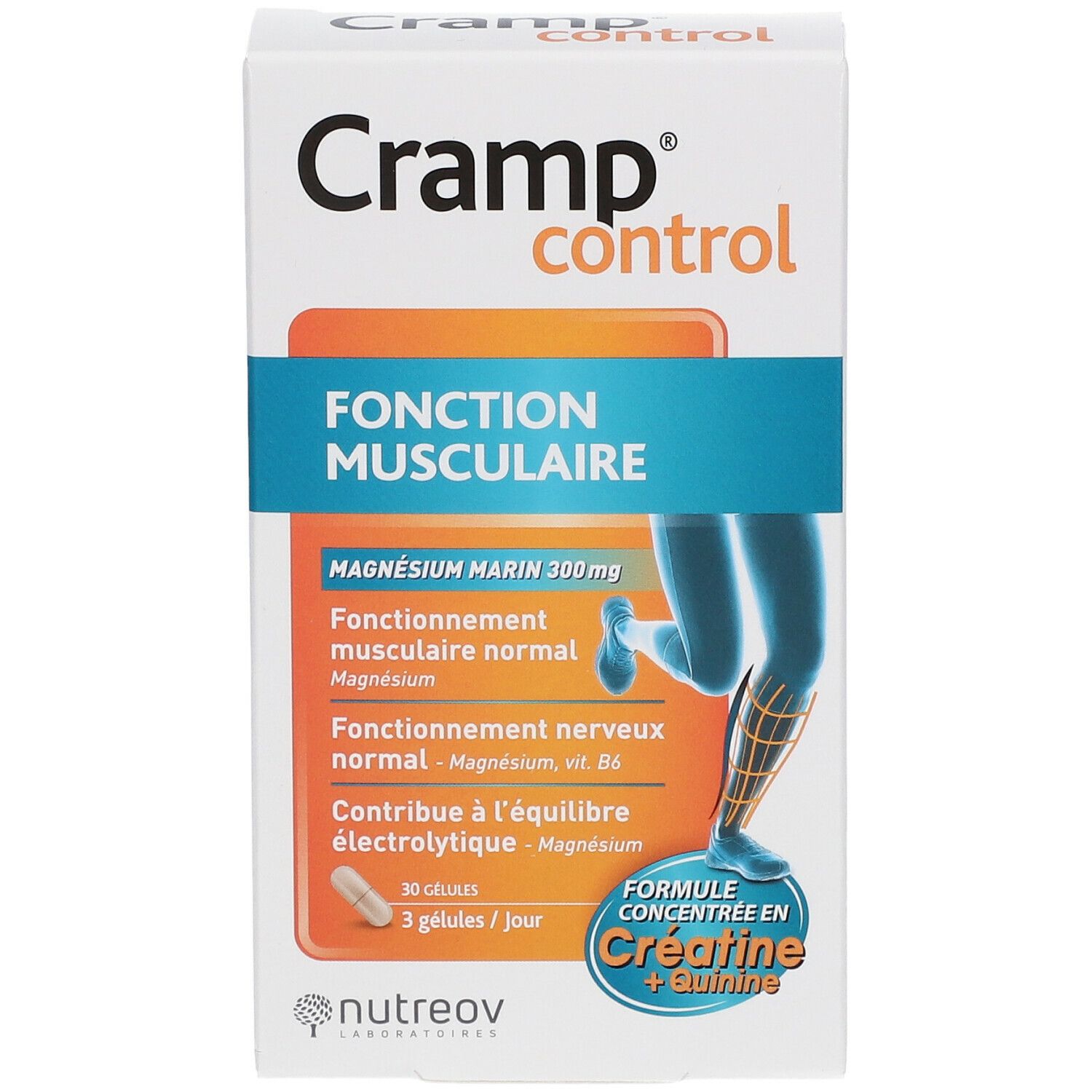 Boîte de Cramp Control. Inscription : Fonction musculaire, Magnésium marin 300mg, Formule concentrée en Créatine + Quinine. Marque : Nutreov.