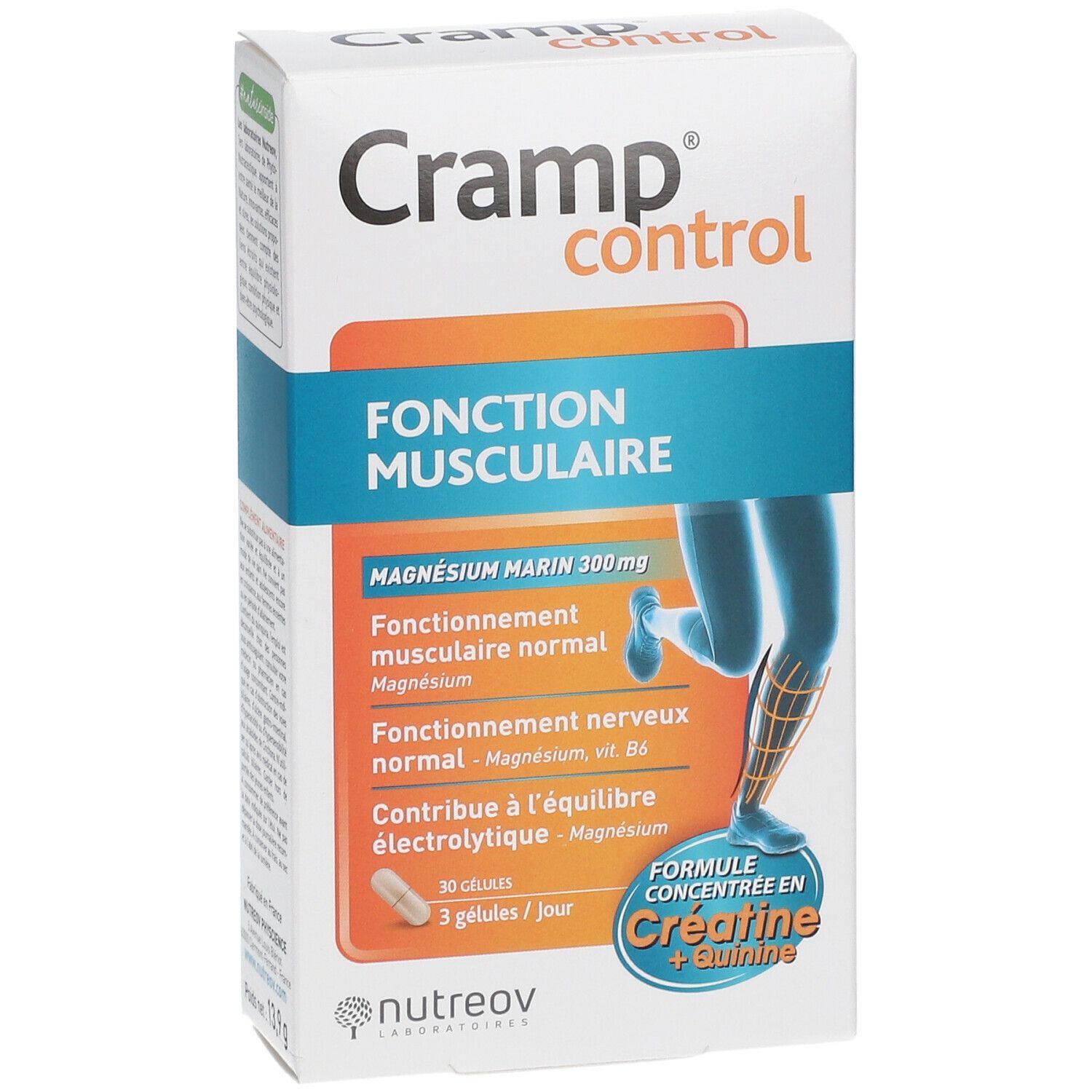 Boîte de Cramp Control. Inscription : Fonction musculaire, Magnésium marin 300mg, Formule concentrée en Créatine + Quinine. Contient 30 gélules.