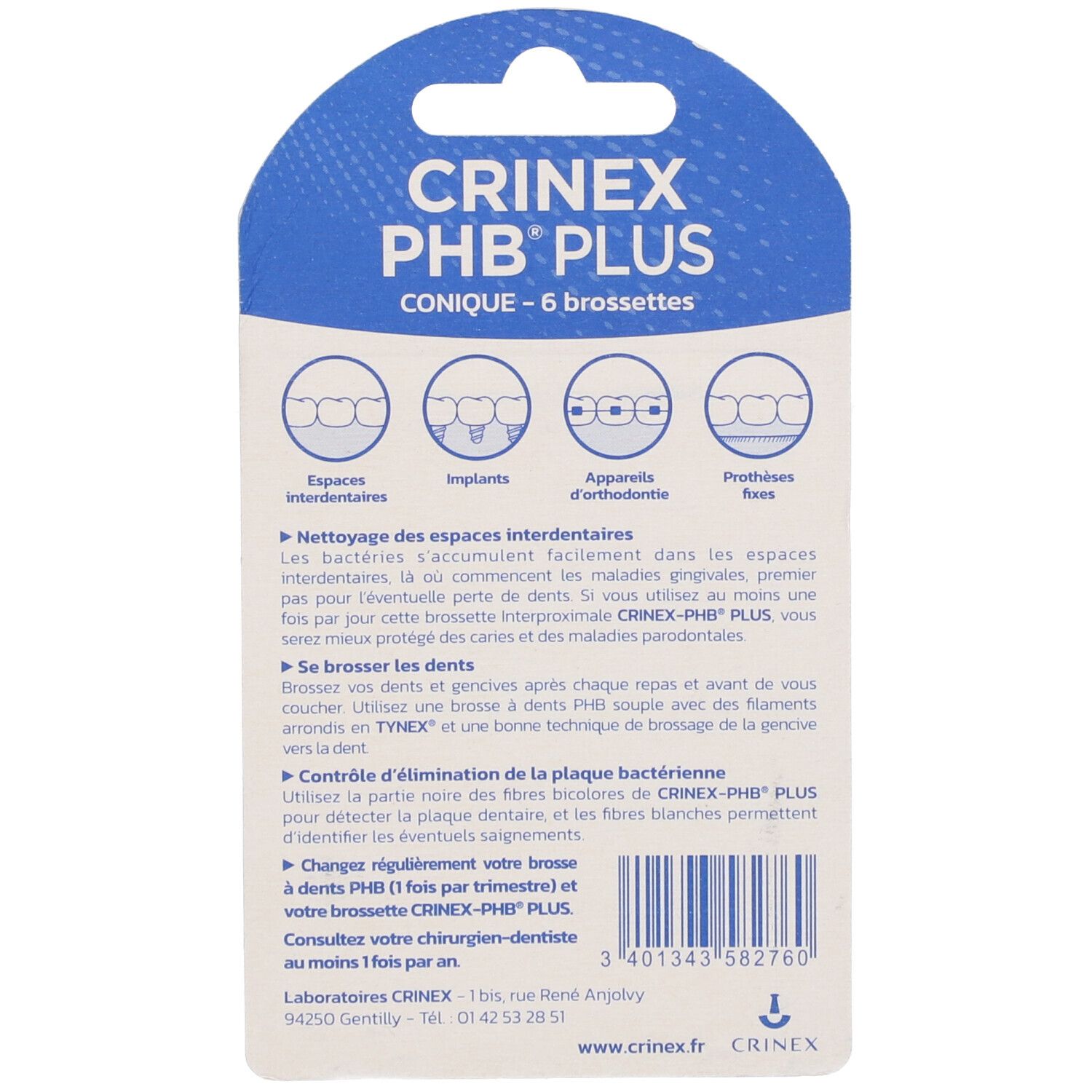 Dos du paquet avec informations produit. Marque Crinex-PHB Plus. Illustrations et texte en français.