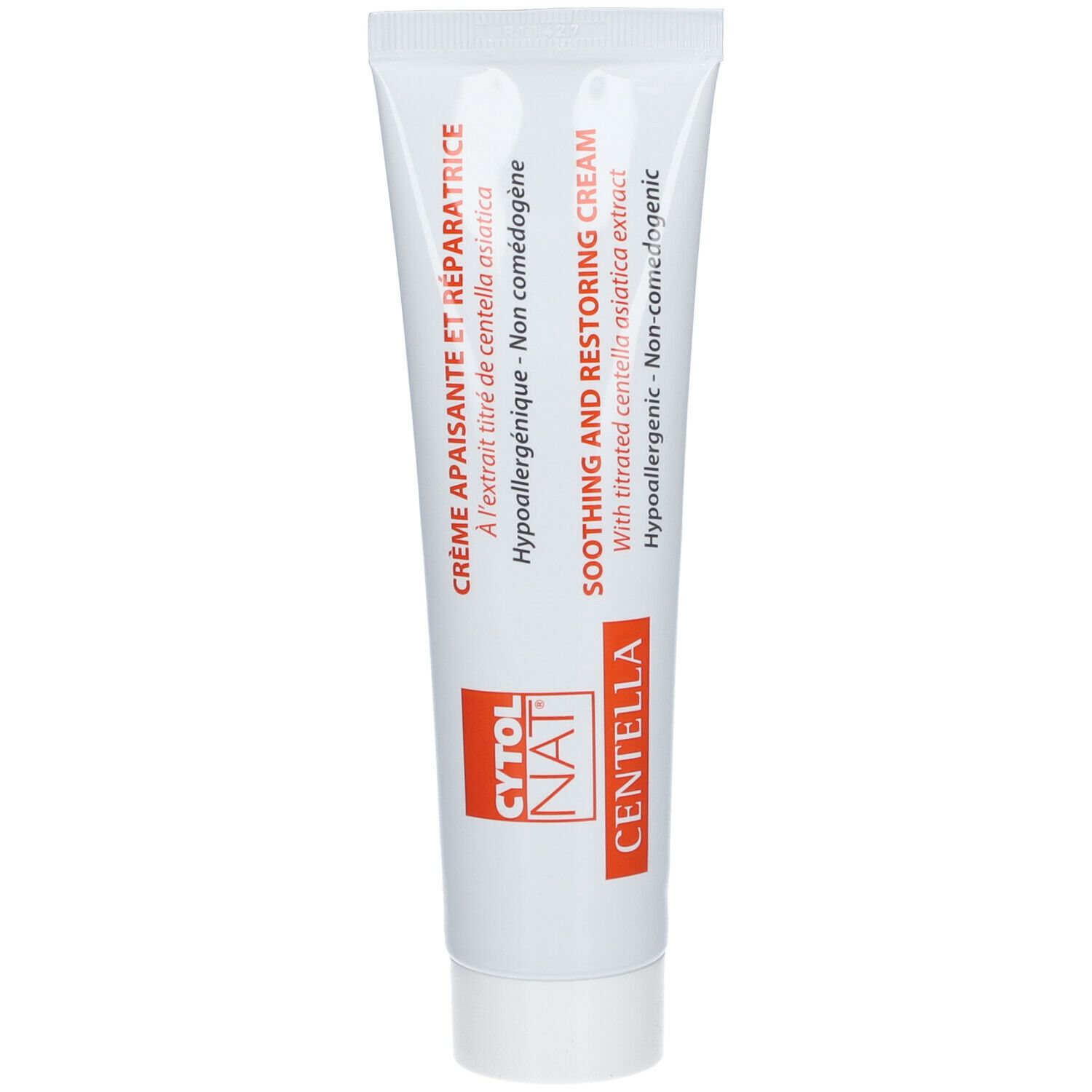 Creme-Tube mit Text. Aufschrift: CYTOLNAT CENTELLA, Crème apaisante et réparatrice. Hypoallergen.