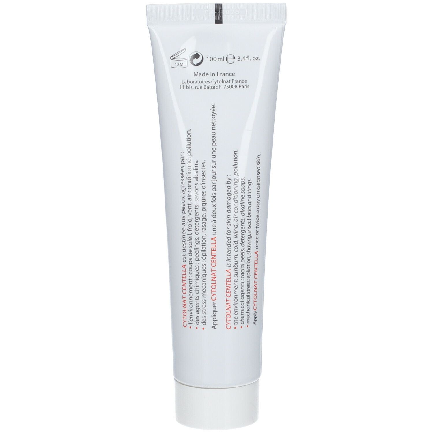 Rückseite des Creme-Tubes. Text: CYTOLNAT CENTELLA, Anwendungshinweise. 100ml, Made in France.