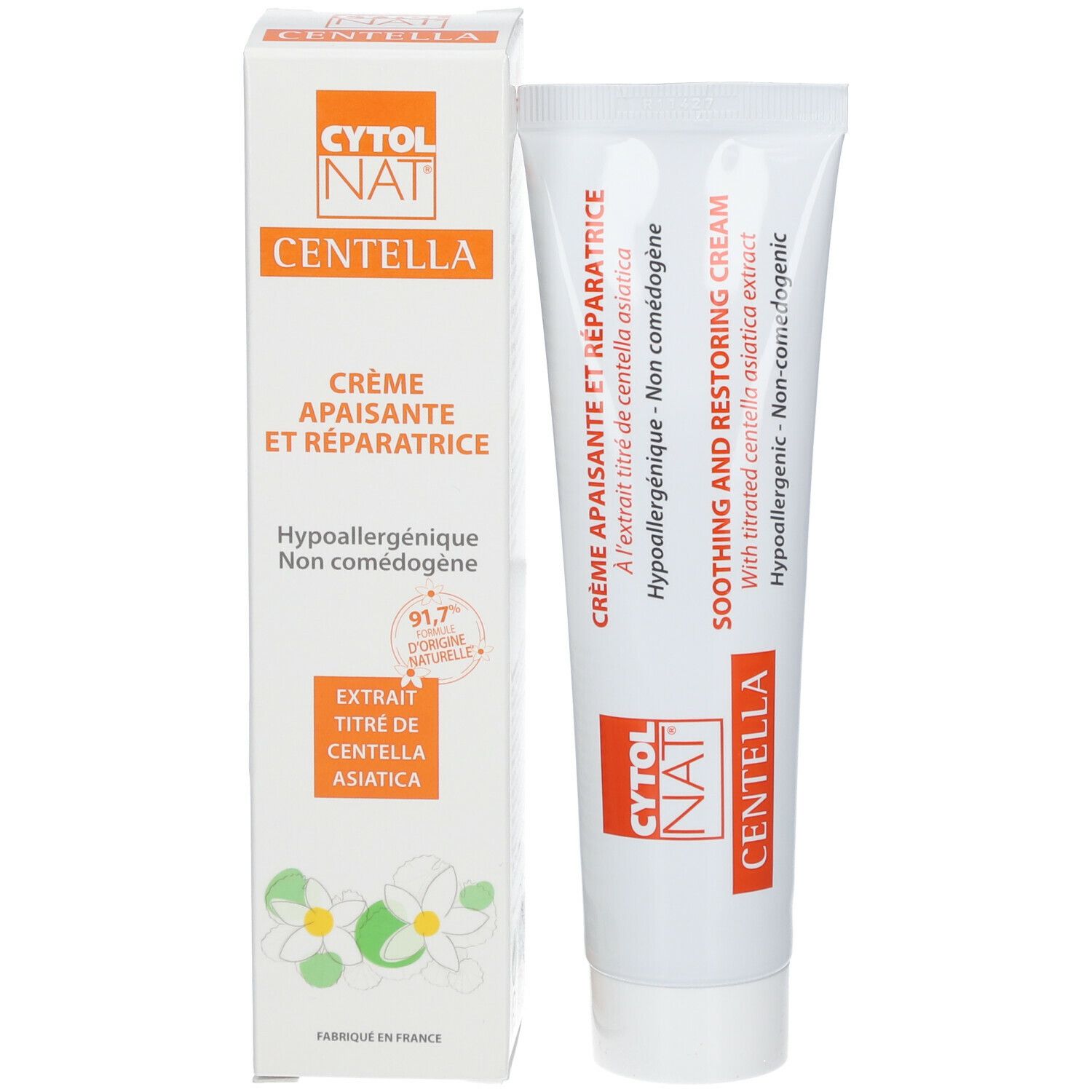 Produktverpackung mit Tube. Aufschrift: CYTOLNAT CENTELLA, Crème apaisante et réparatrice. Hypoallergen.