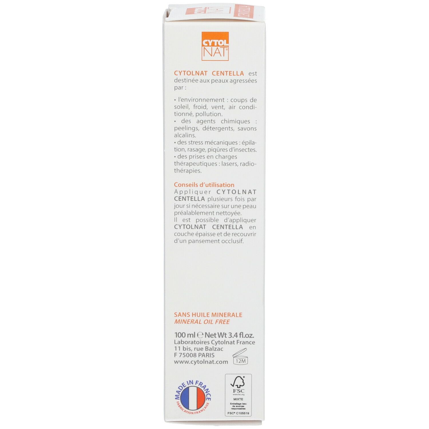 Produktverpackung. Text: CYTOLNAT CENTELLA, Anwendungshinweise. 100 ml, ohne Mineralöl. Made in France.