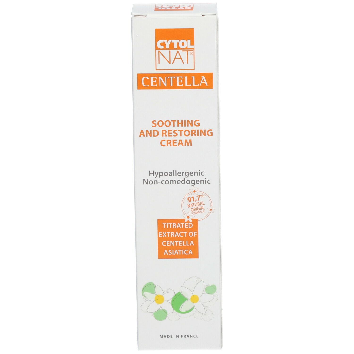 Produktverpackung. Aufschrift: CYTOLNAT CENTELLA, Soothing and Restoring Cream. Hypoallergen. 91,7% natürliche Inhaltsstoffe.