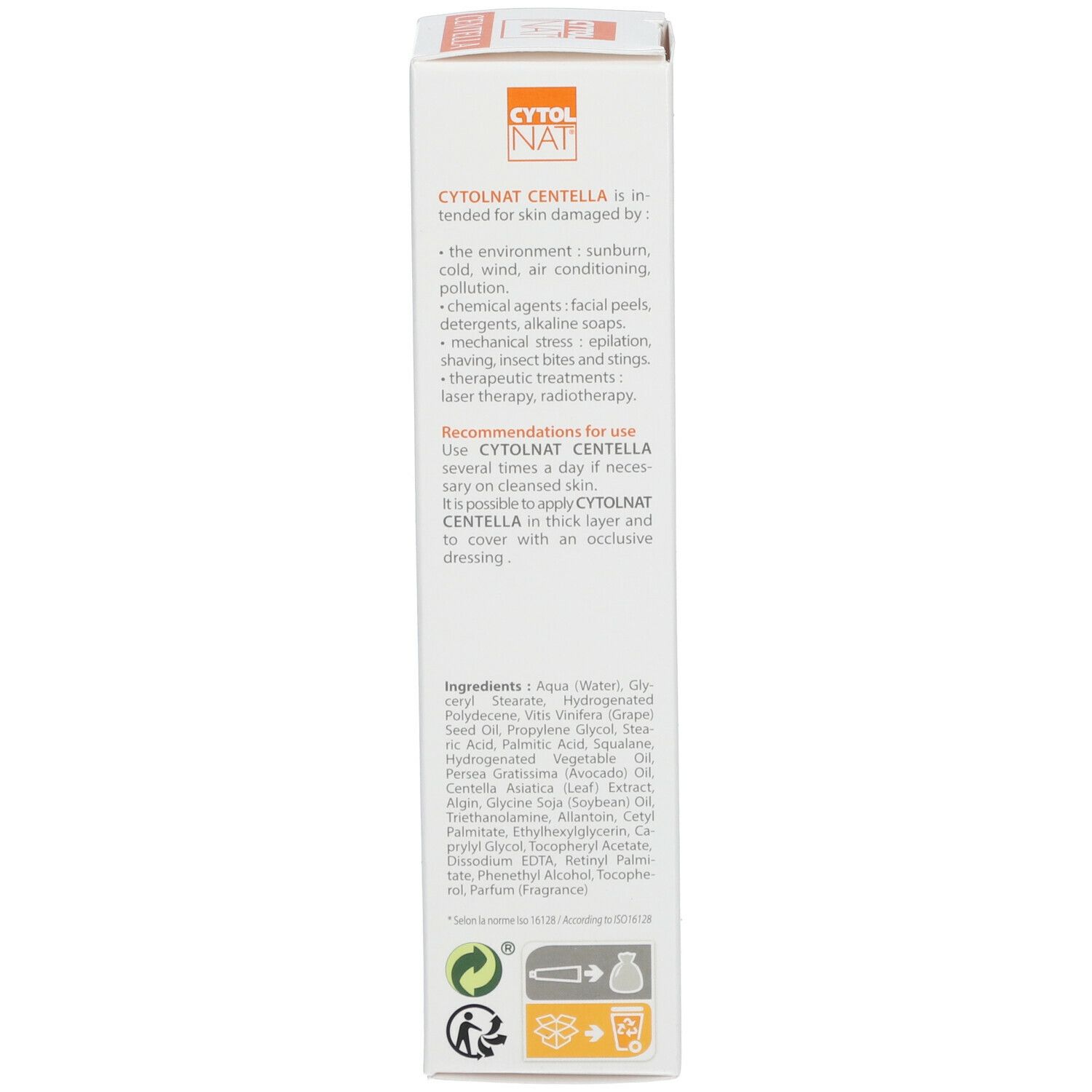 Produktverpackung. Text: CYTOLNAT CENTELLA, Anwendungshinweise. Inhaltsstoffe. Ohne Mineralöl.