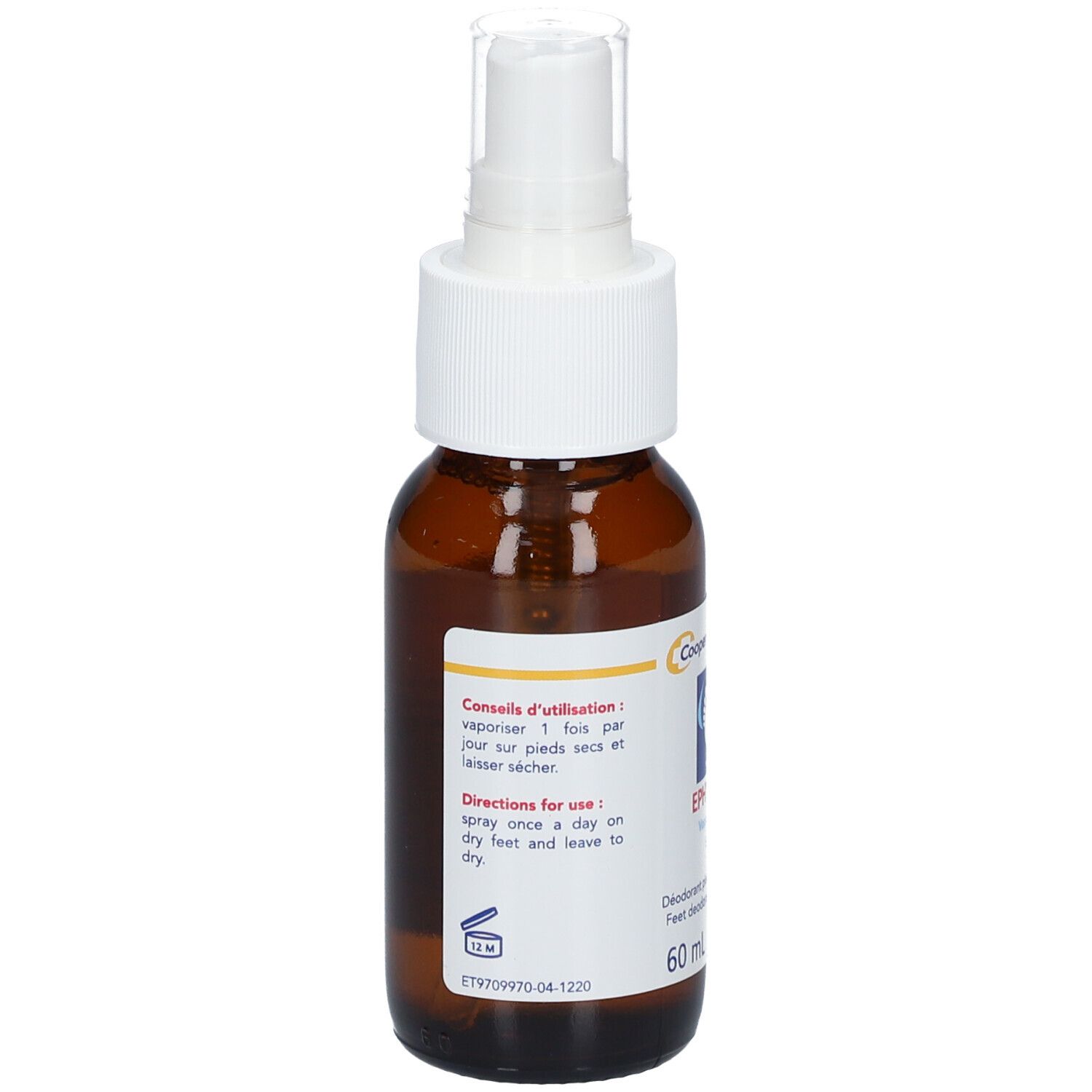 Flacon spray brun avec tête blanche. Inscription: Conseils d'utilisation. 60 ml. Instructions en français.