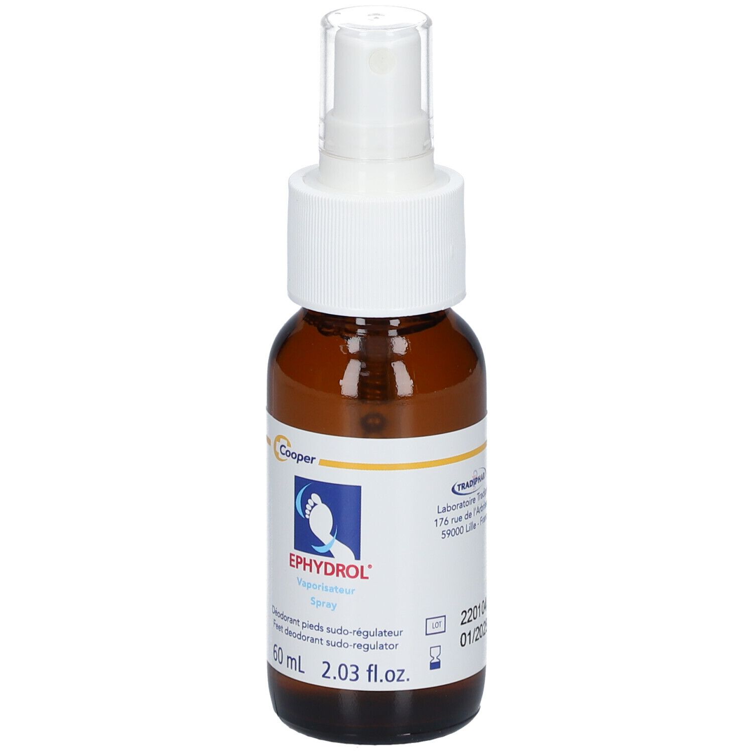 Flacon spray brun avec tête blanche. Inscription: EPHYDROL Spray, Déodorant pieds sudo-régulateur. 60 ml.