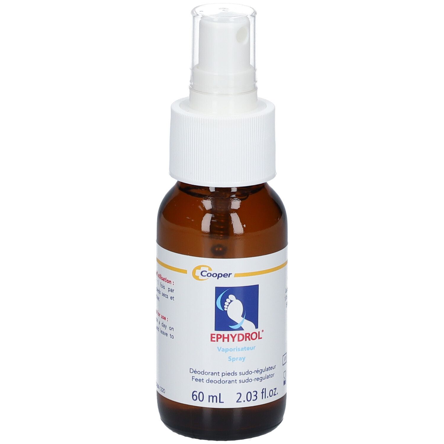 Flacon spray brun avec tête blanche. Inscription: EPHYDROL Spray, Déodorant pieds sudo-régulateur. 60 ml.