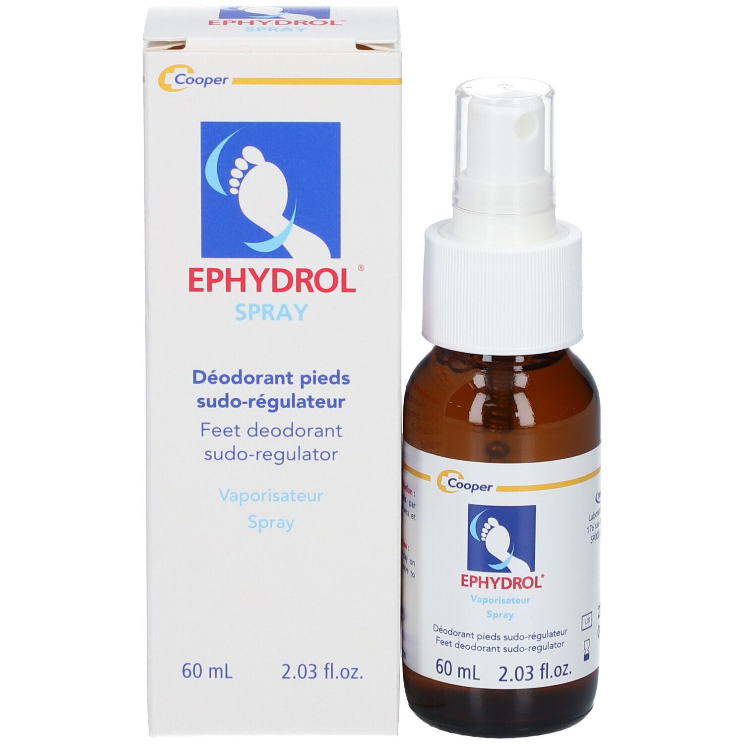 Emballage du produit et flacon spray. Inscription: EPHYDROL Spray, Déodorant pieds sudo-régulateur. 60 ml.