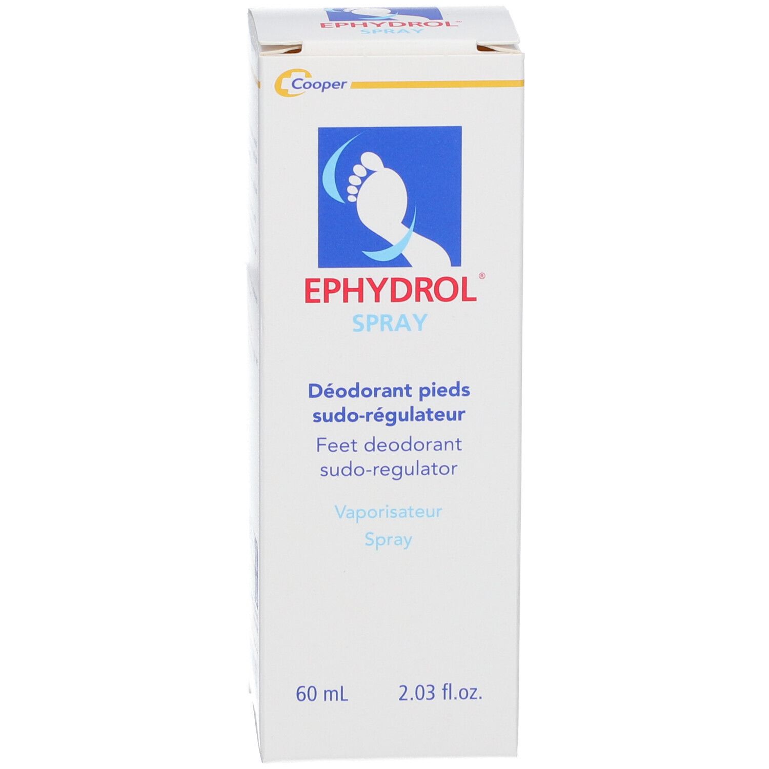 Emballage du produit. Inscription: EPHYDROL Spray, Déodorant pieds sudo-régulateur. 60 ml.