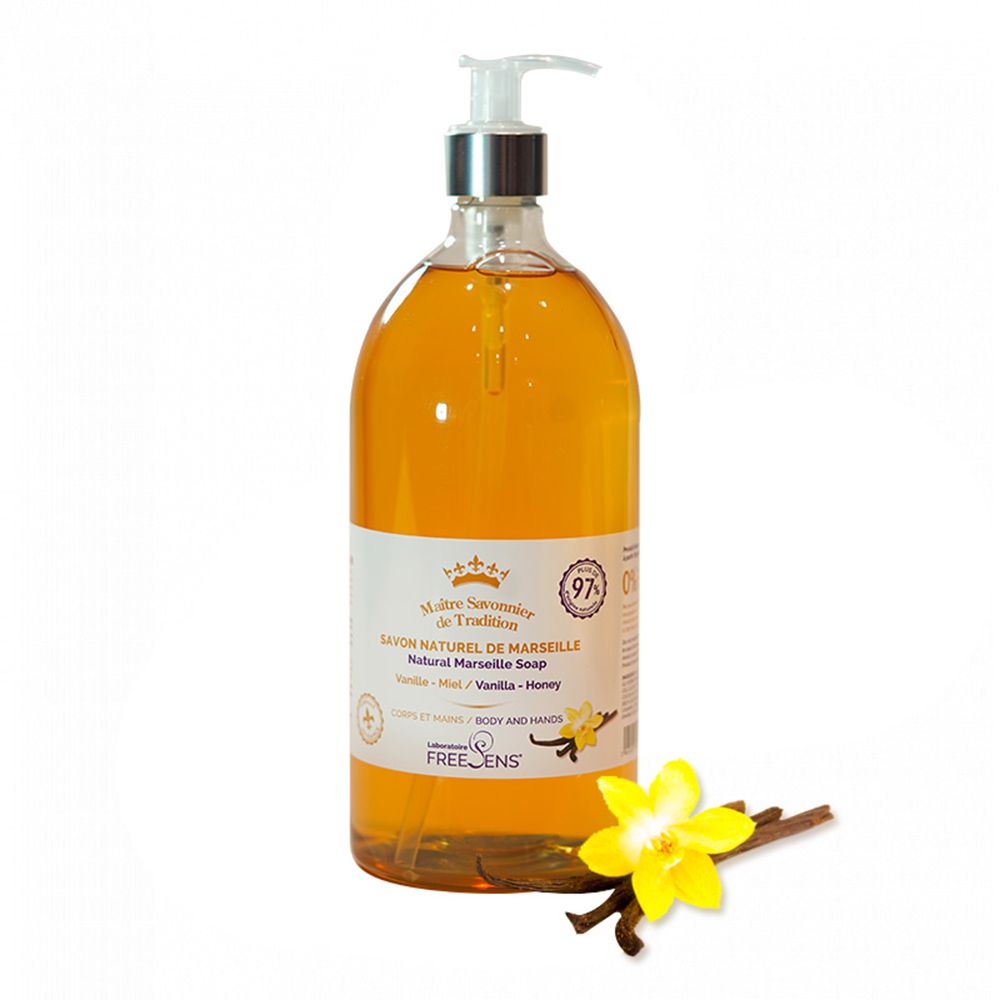 Flacon de savon liquide. Inscription: Savon Naturel de Marseille. Avec vanille, miel et fleur.