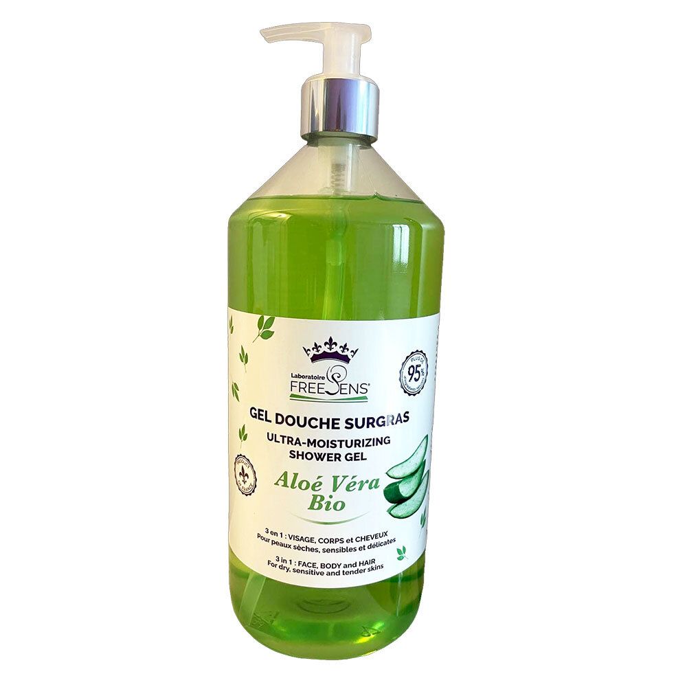 Transparente Flasche mit grünem Duschgel. Aufschrift: Aloe Vera Bio. Mit Spender.