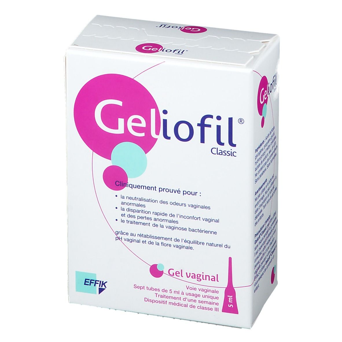 Boîte "Geliofil Classic". Éléments roses et turquoise. Gel vaginal, 7 tubes, 5 ml. Dispositif médical.