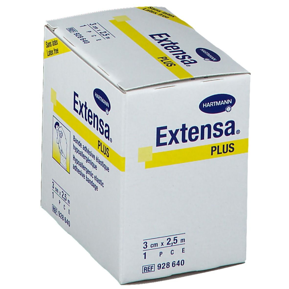 Boîte Hartmann Extensa Plus. Bande adhésive élastique, hypoallergénique. Dimensions : 3 cm x 2,5 m. Sans latex. Logo Hartmann.