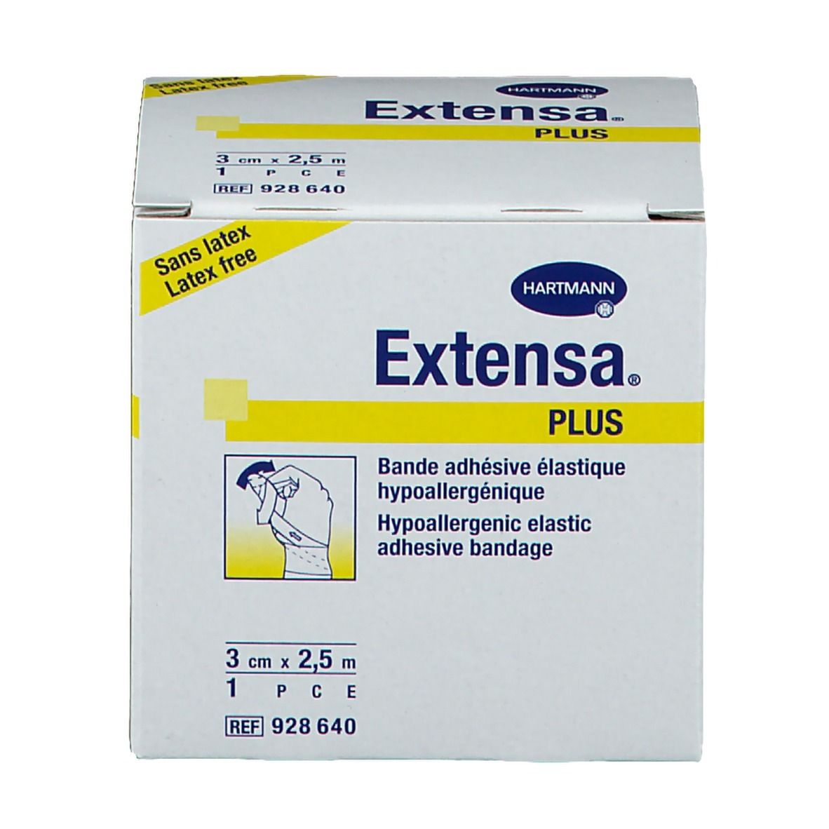 Boîte Hartmann Extensa Plus. Bande adhésive élastique, hypoallergénique. Dimensions : 3 cm x 2,5 m. Sans latex. Logo Hartmann.