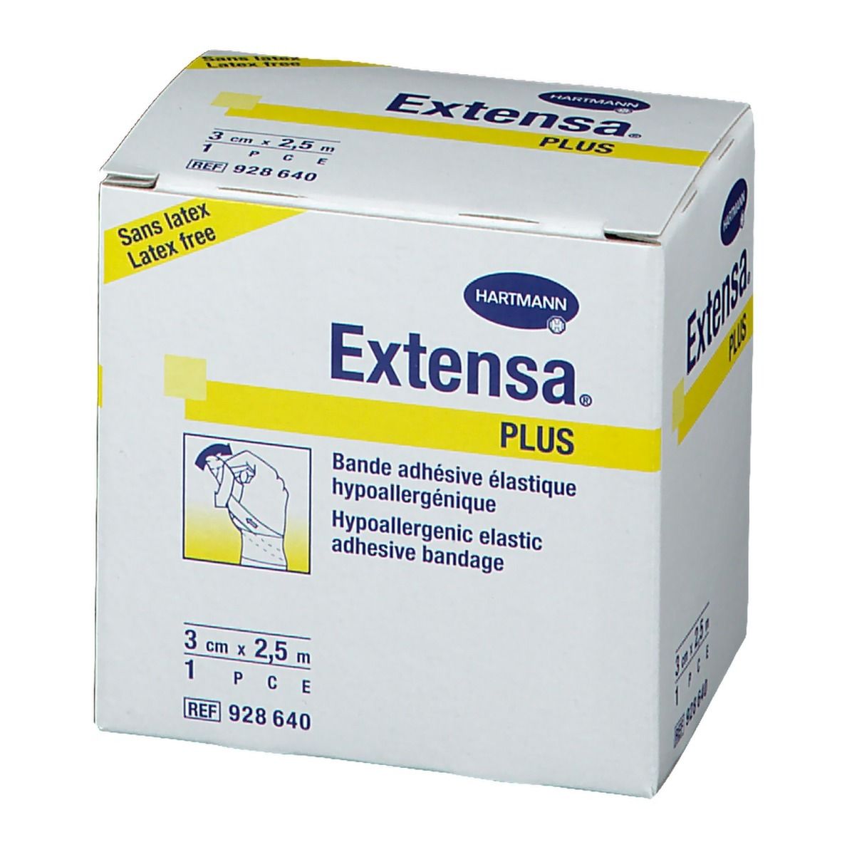 Boîte Hartmann Extensa Plus. Bande adhésive élastique, hypoallergénique. Dimensions : 3 cm x 2,5 m. Sans latex. Logo Hartmann.