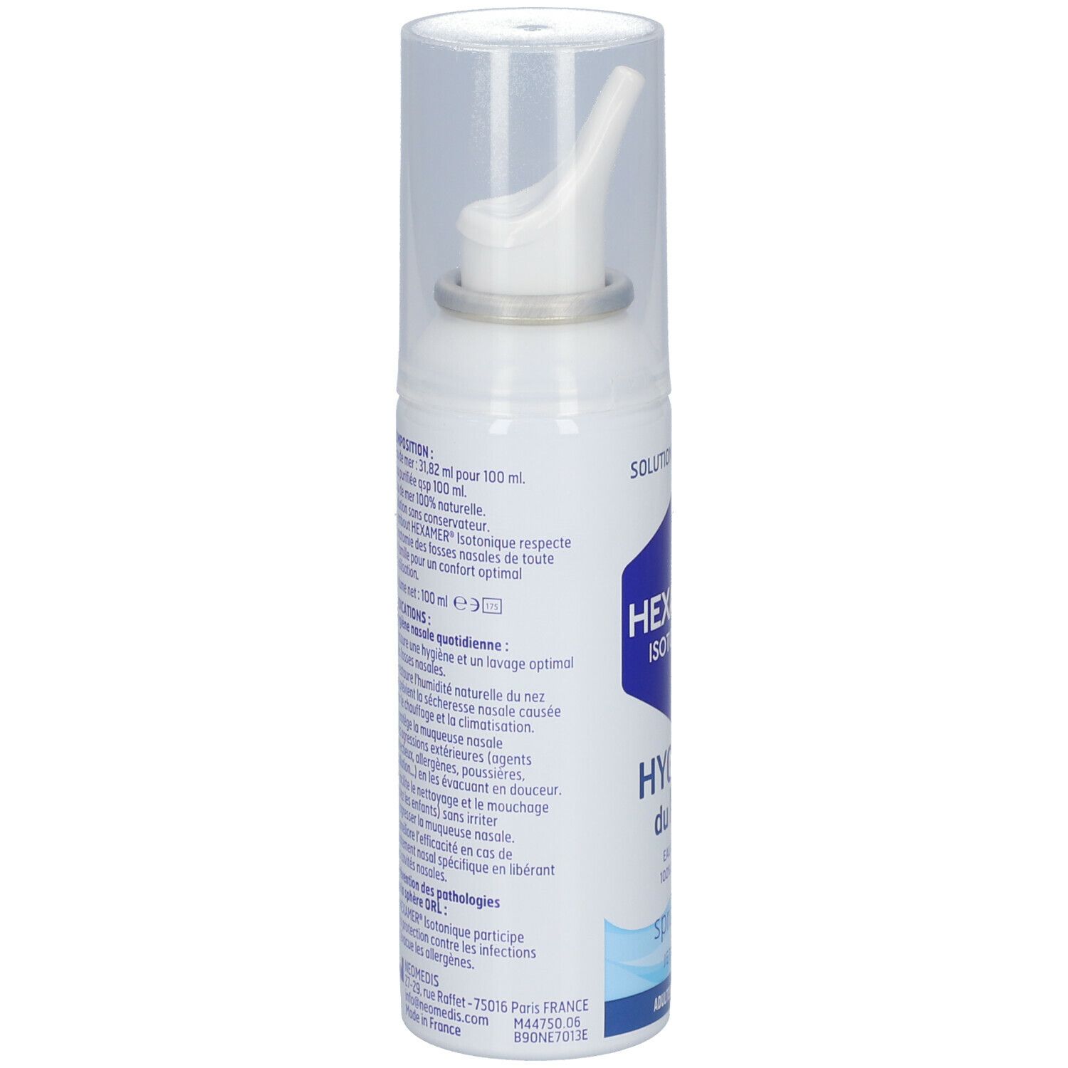 Flacon spray blanc avec capuchon. Inscriptions et texte en français. Informations produit au dos.