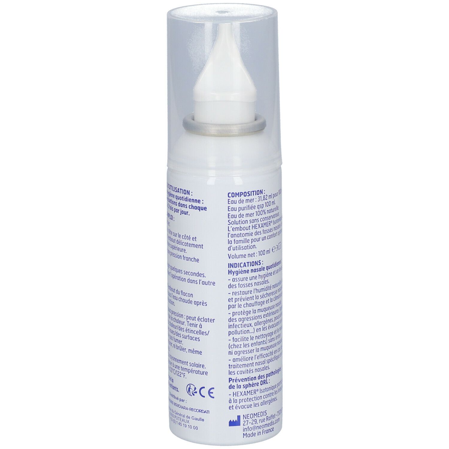 Flacon spray blanc avec capuchon. Inscriptions et texte en français. Ingrédients et informations au dos.