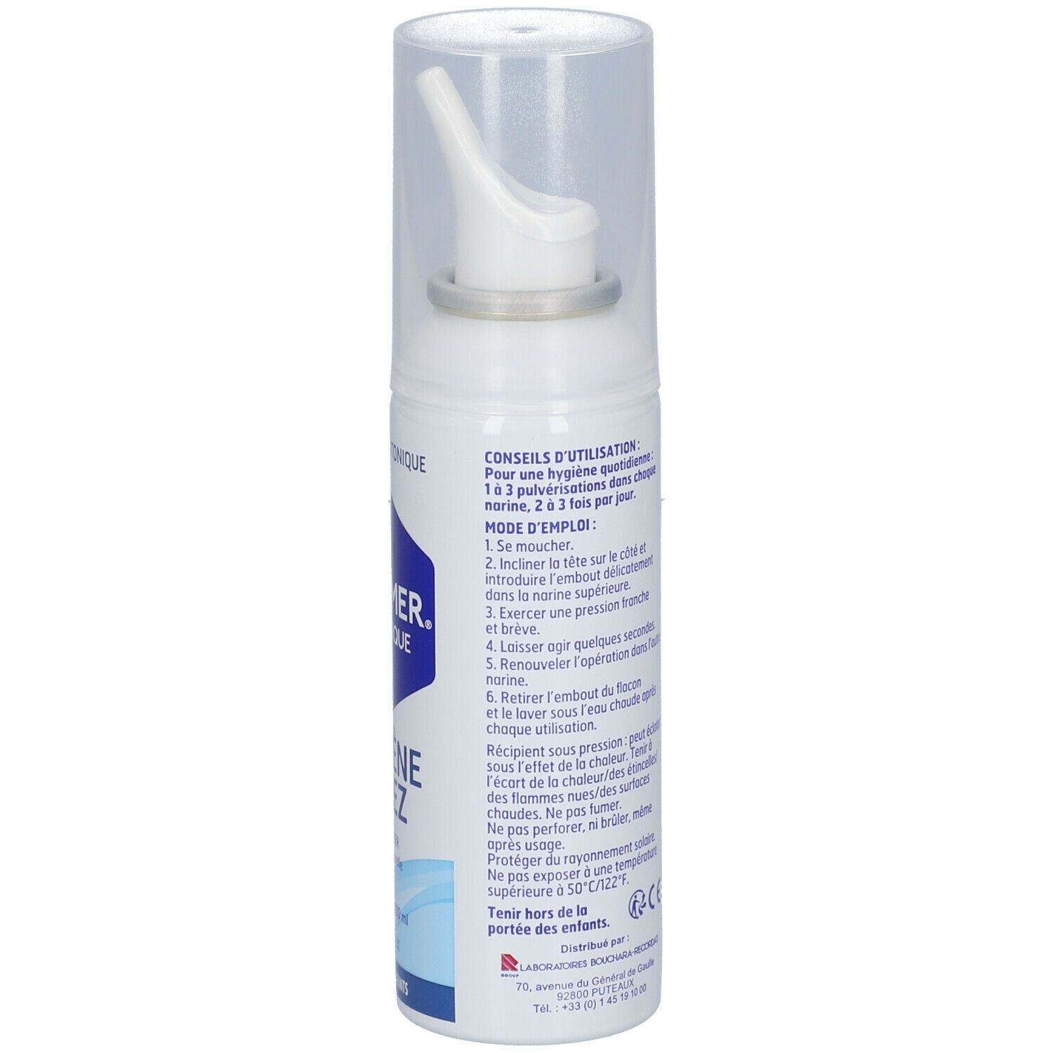 Flacon spray blanc avec capuchon. Inscriptions et texte en français. Conseils d'utilisation au dos.
