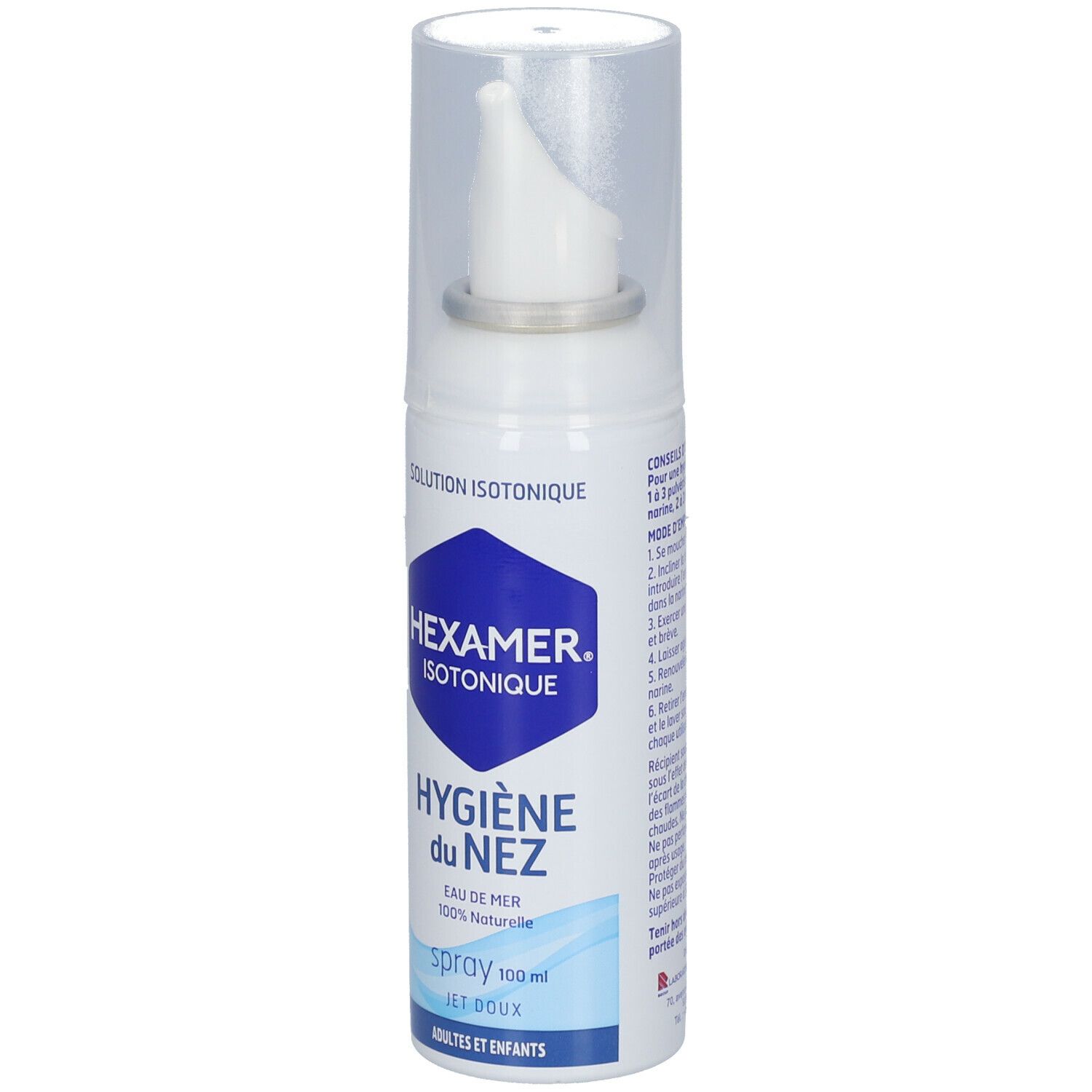 Flacon spray blanc avec capuchon. Inscription: HEXAMER, HYGIÈNE du NEZ, Spray. Pour adultes et enfants.