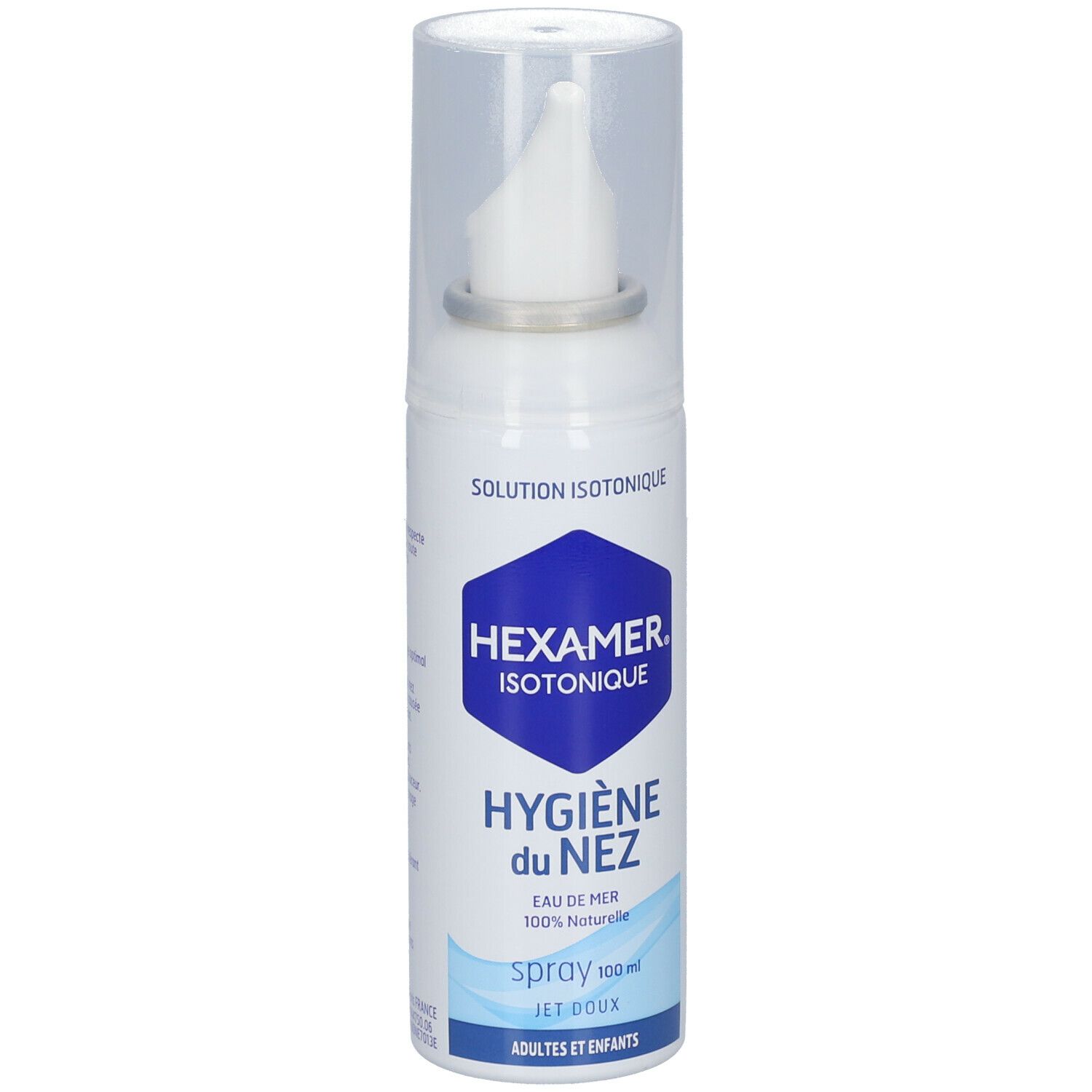 Flacon spray blanc avec capuchon. Inscription: HEXAMER, HYGIÈNE du NEZ, Spray. Pour adultes et enfants.