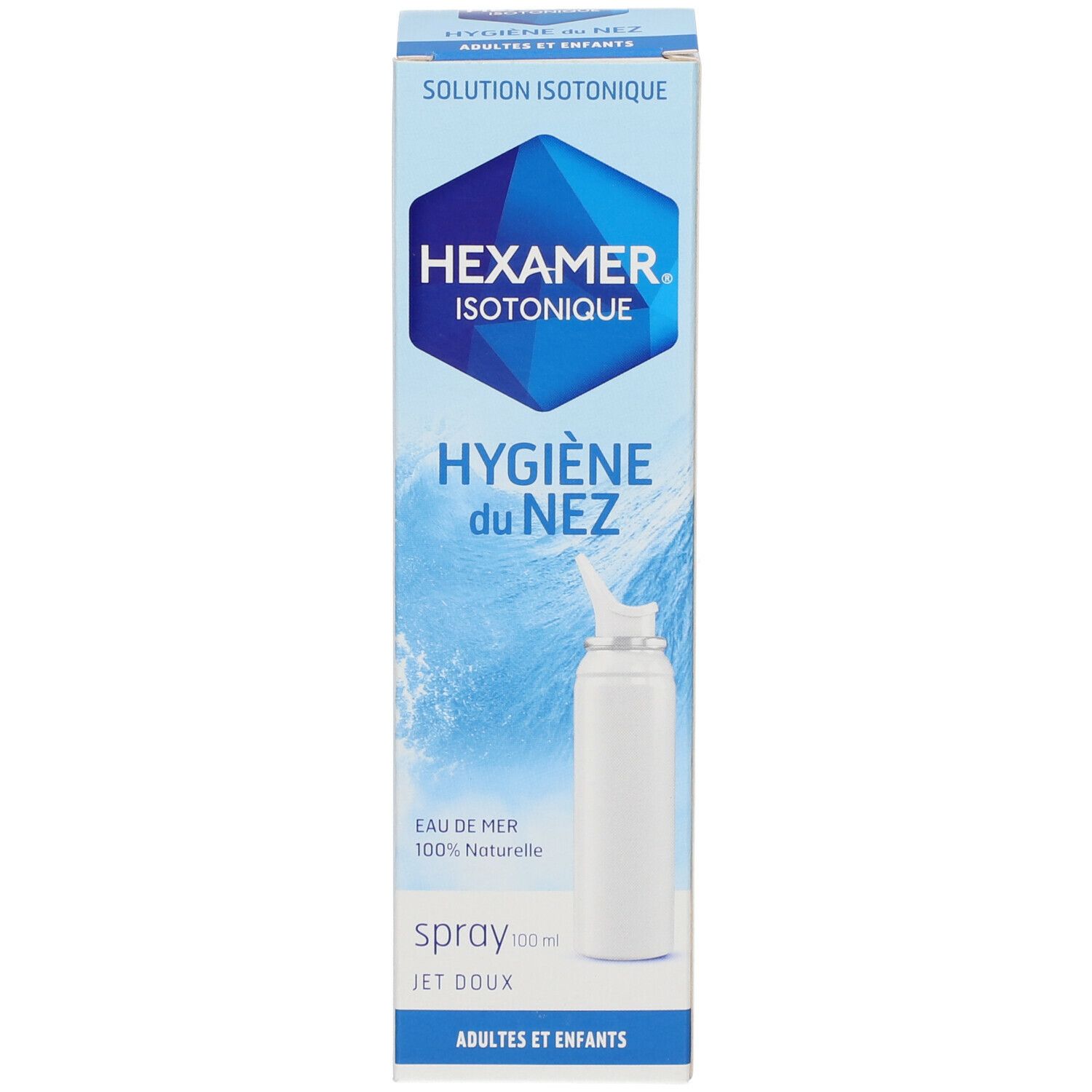 Boîte avec flacon spray blanc. Inscription: HEXAMER, HYGIÈNE du NEZ, Spray. Pour adultes et enfants.