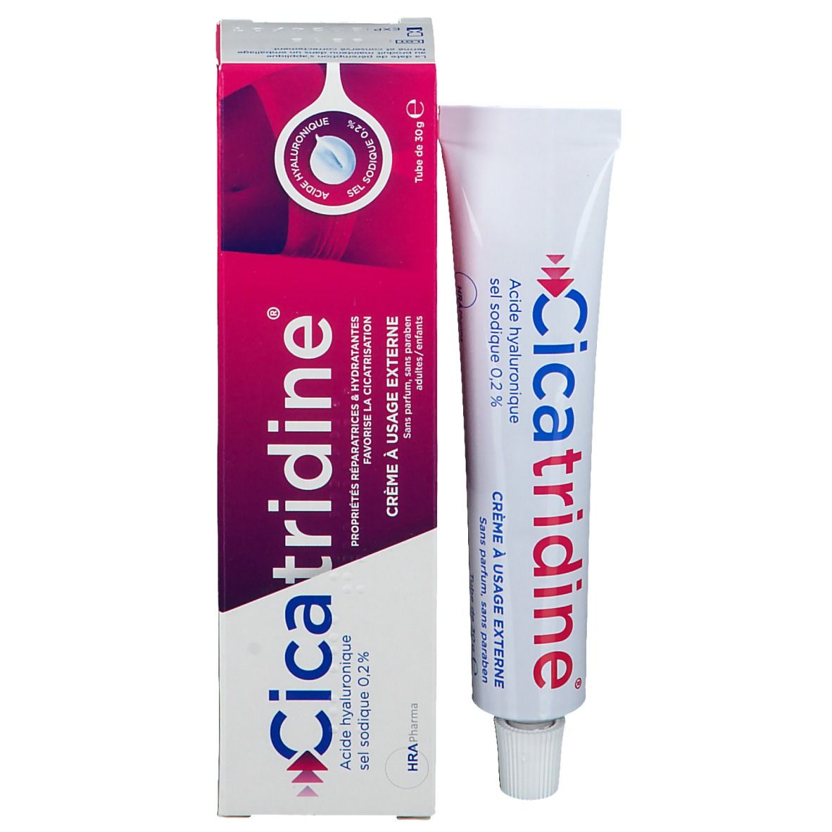 Produktverpackung mit Tube. Tube und Schachtel mit roter und weißer Beschriftung. Text: Cicatridine, Crème à usage externe.