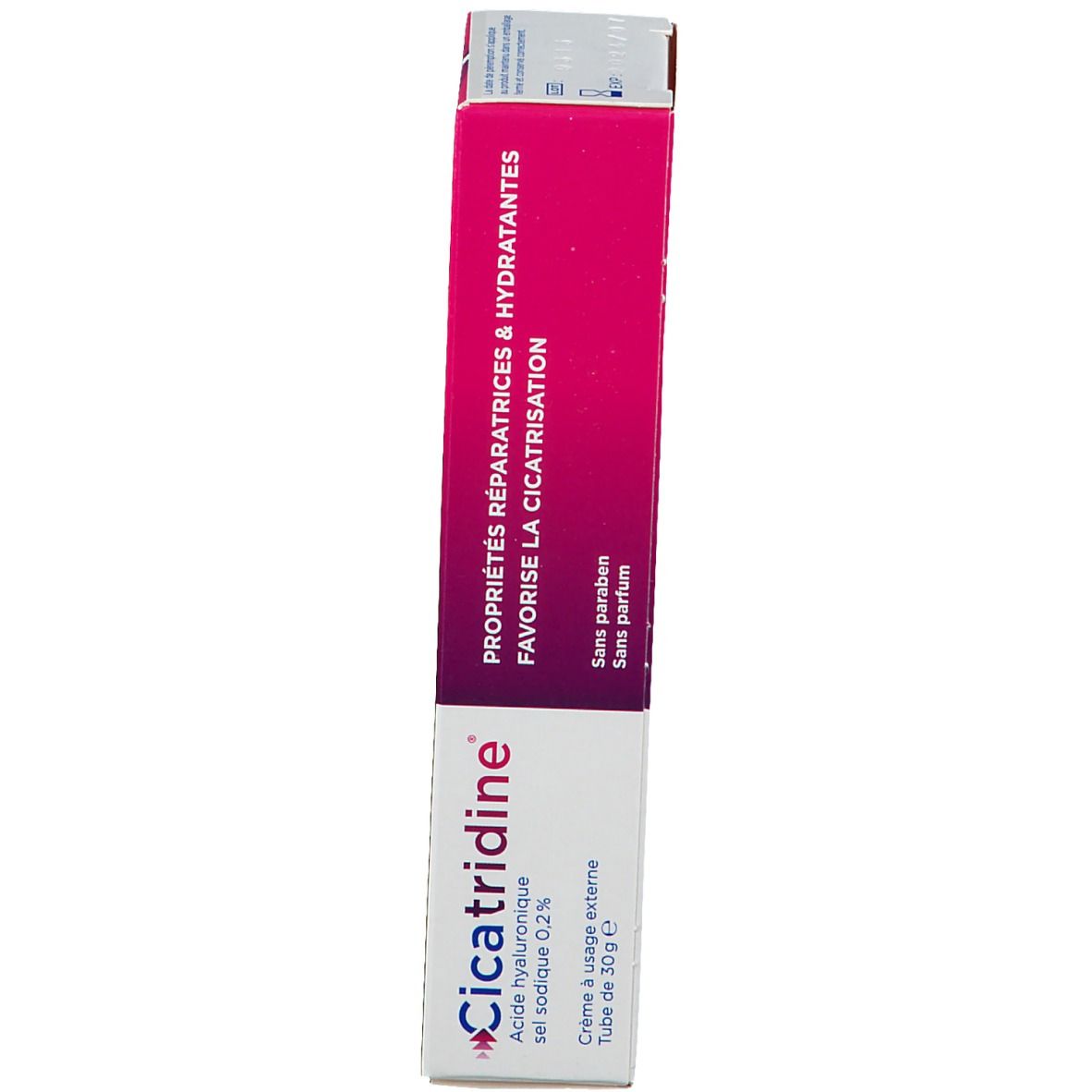 Schachtel mit roter und weißer Beschriftung. Text: Cicatridine, Crème à usage externe, 30g.