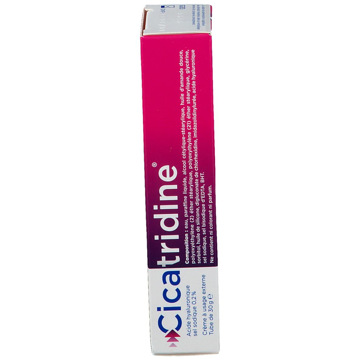 Schachtel mit roter und weißer Beschriftung. Text: Cicatridine, Inhaltsstoffe, 30g.