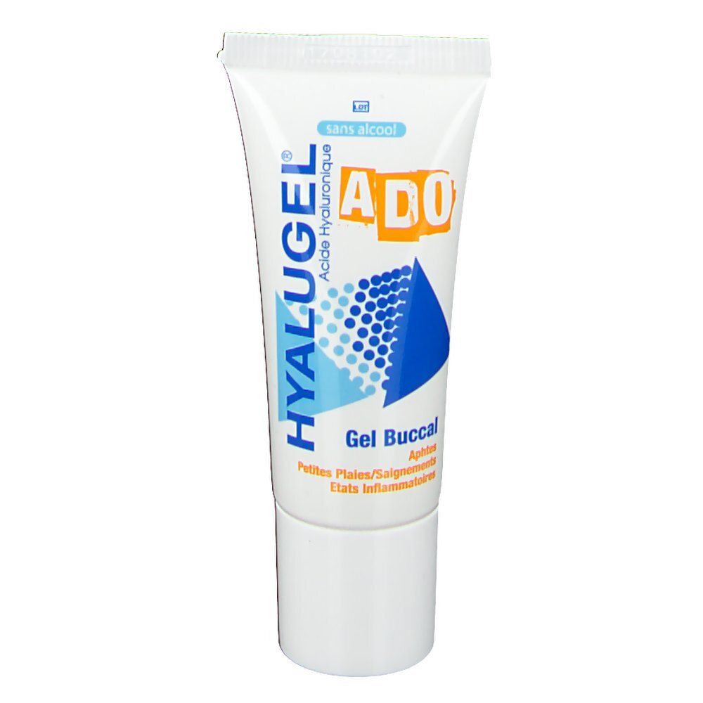 Tube blanc HYALUGEL ADO. Texte Gel Buccal. Logo sans alcool. Graphique bleu et blanc.