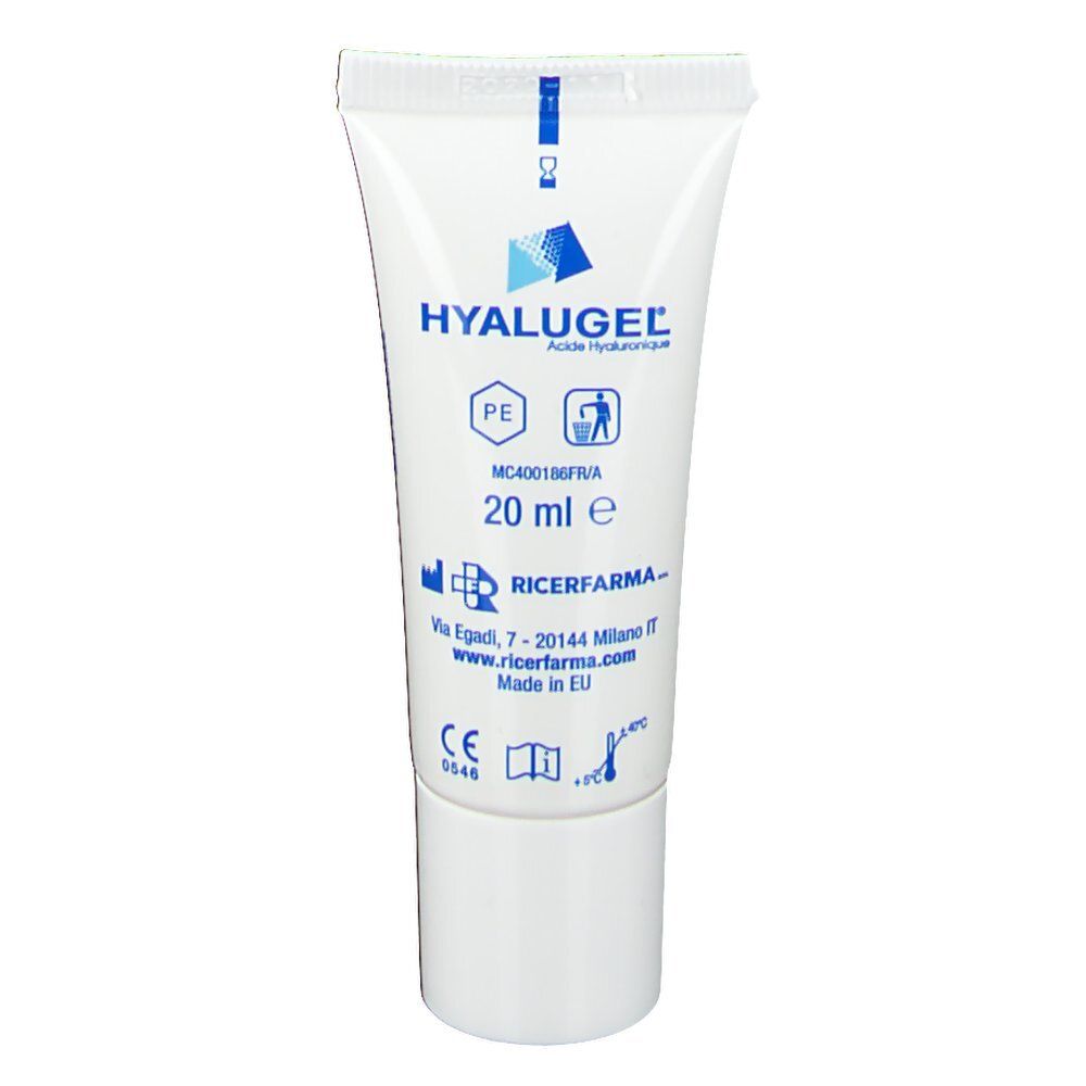 Tube blanc avec HYALUGEL. 20 ml. Logo PE. Symbole de recyclage. Marquage CE. Fabriqué en UE.