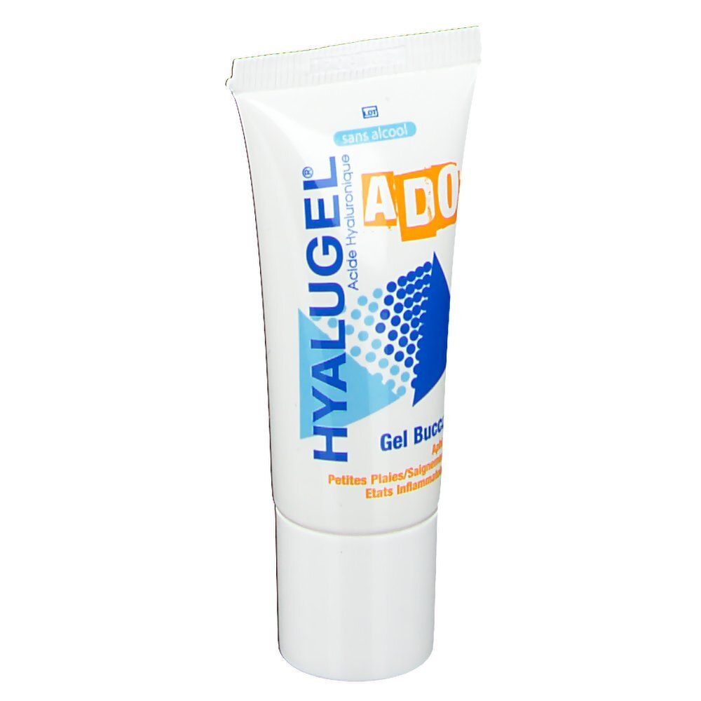 Tube blanc HYALUGEL ADO. Texte Gel Buccal. Logo sans alcool. Graphique bleu et blanc.