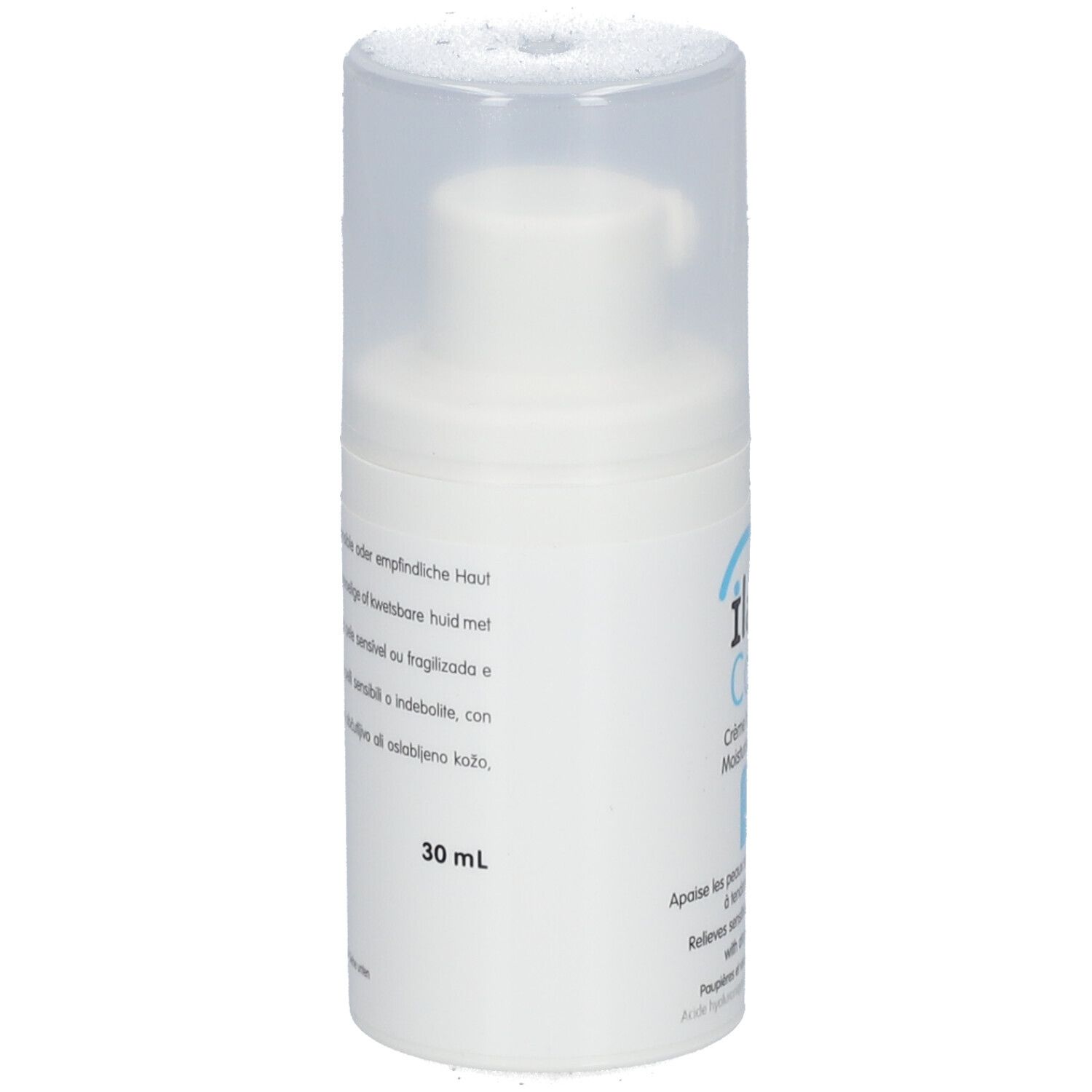 Flacon blanc avec pompe et bouchon. Inscription: Ilast Care. Volume: 30 ml. Pour peaux sensibles.