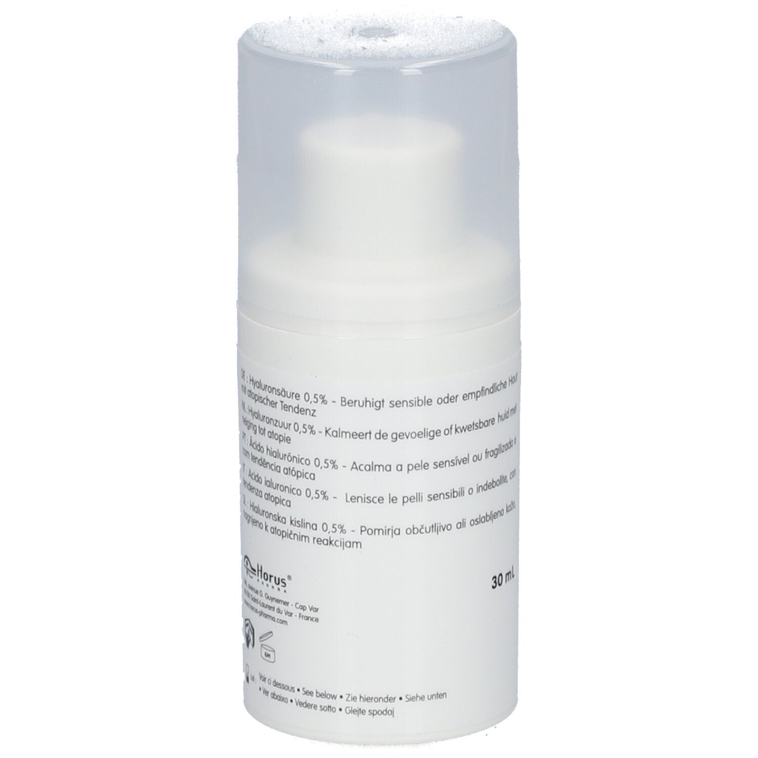Flacon blanc avec pompe et bouchon. Texte: Acide hyaluronique 0,5%. Apaise la peau sensible. 30 ml.