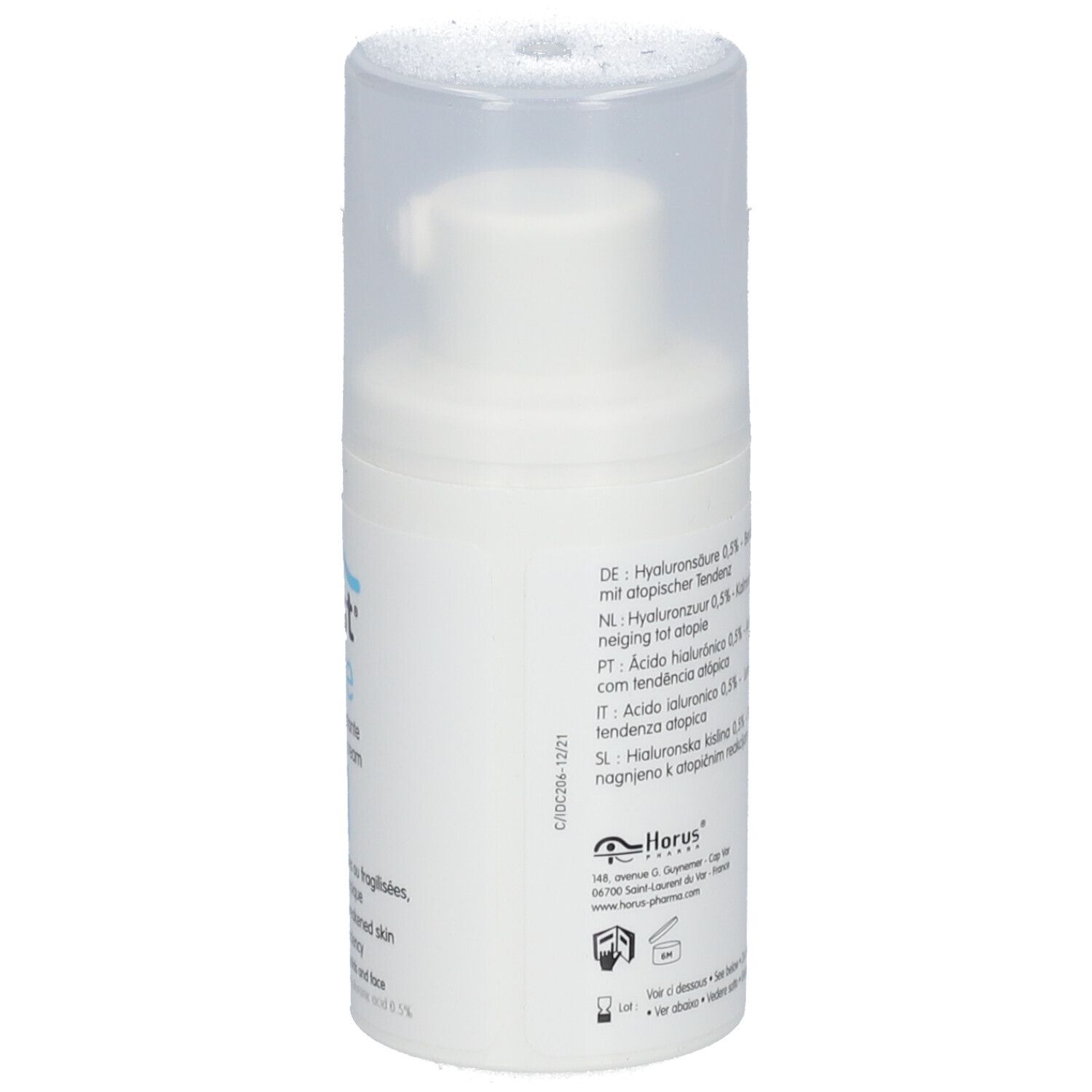 Flacon blanc avec pompe et bouchon. Texte: Acide hyaluronique 0,5%. Pour peaux sensibles. 30 ml.