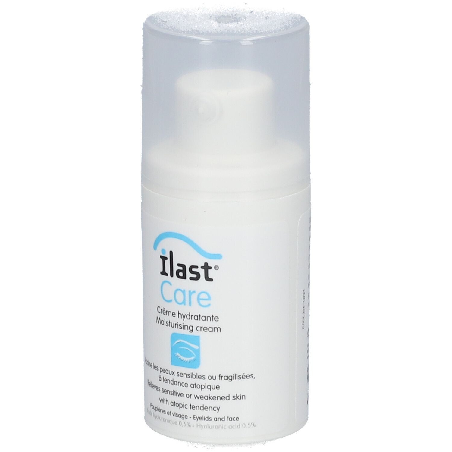 Flacon blanc avec bouchon et capuchon. Inscription: Ilast Care, Crème hydratante. Pour peaux sensibles.