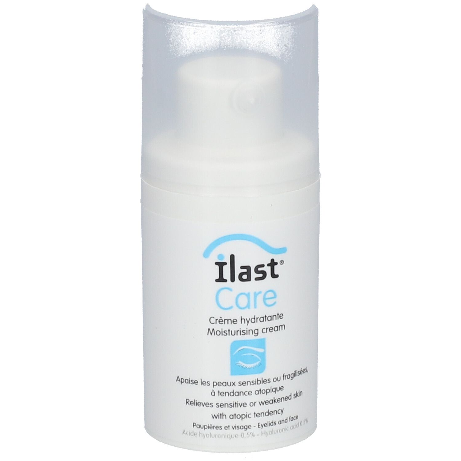 Flacon blanc avec bouchon et capuchon. Inscription: Ilast Care, Crème hydratante. Pour peaux sensibles.