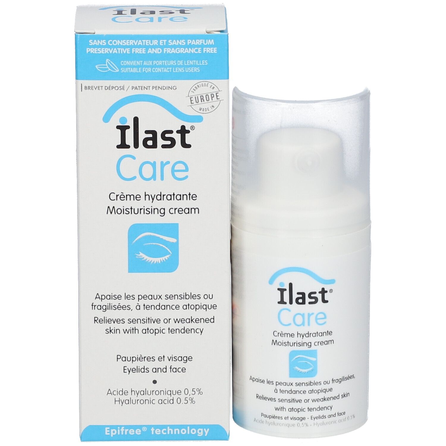 Emballage du produit avec flacon. Inscription: Ilast Care, Crème hydratante. Pour peaux sensibles. Avec bouchon.