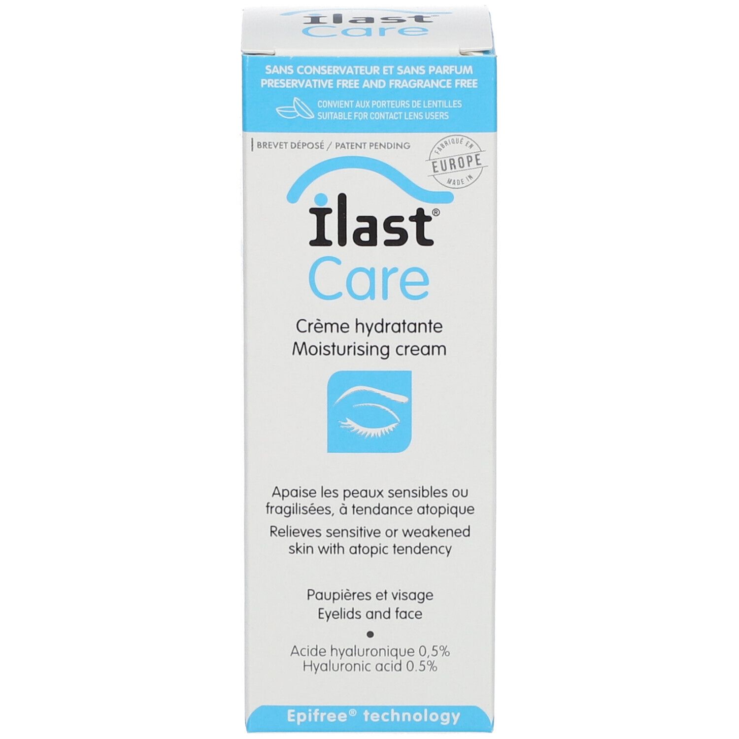 Emballage du produit. Inscription: Ilast Care, Crème hydratante. Pour peaux sensibles. Avec bouchon.