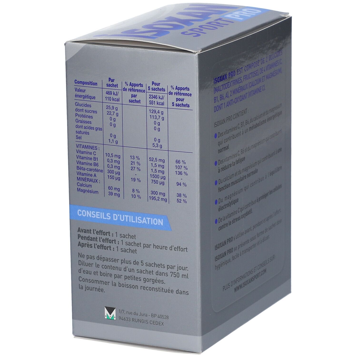 Côté de la boîte Isoxan Sport Pro. Contient informations nutritionnelles et conseils d'utilisation. Contient 10 sachets.