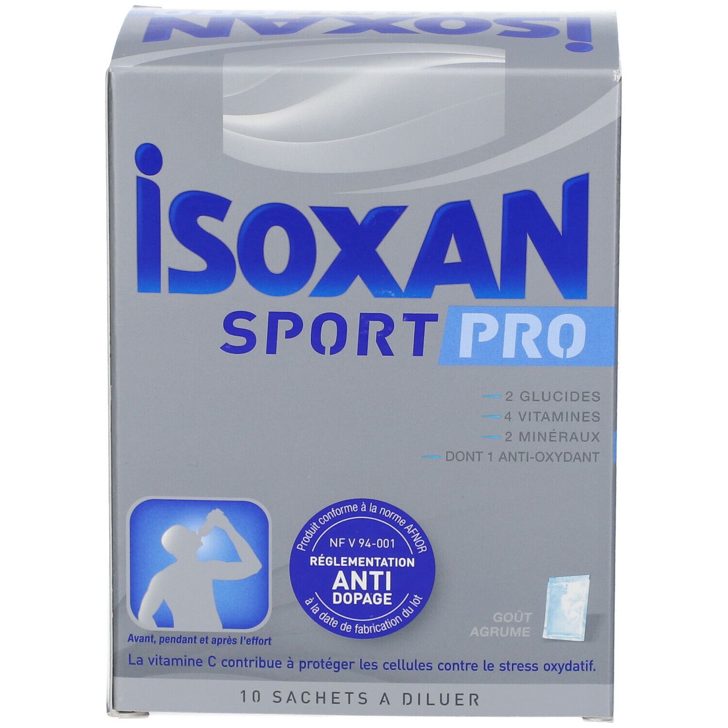 Boîte Isoxan Sport Pro. Contient 10 sachets. Inscription : 2 glucides, 4 vitamines, 2 minéraux, 1 antioxydant. Certification anti-dopage.