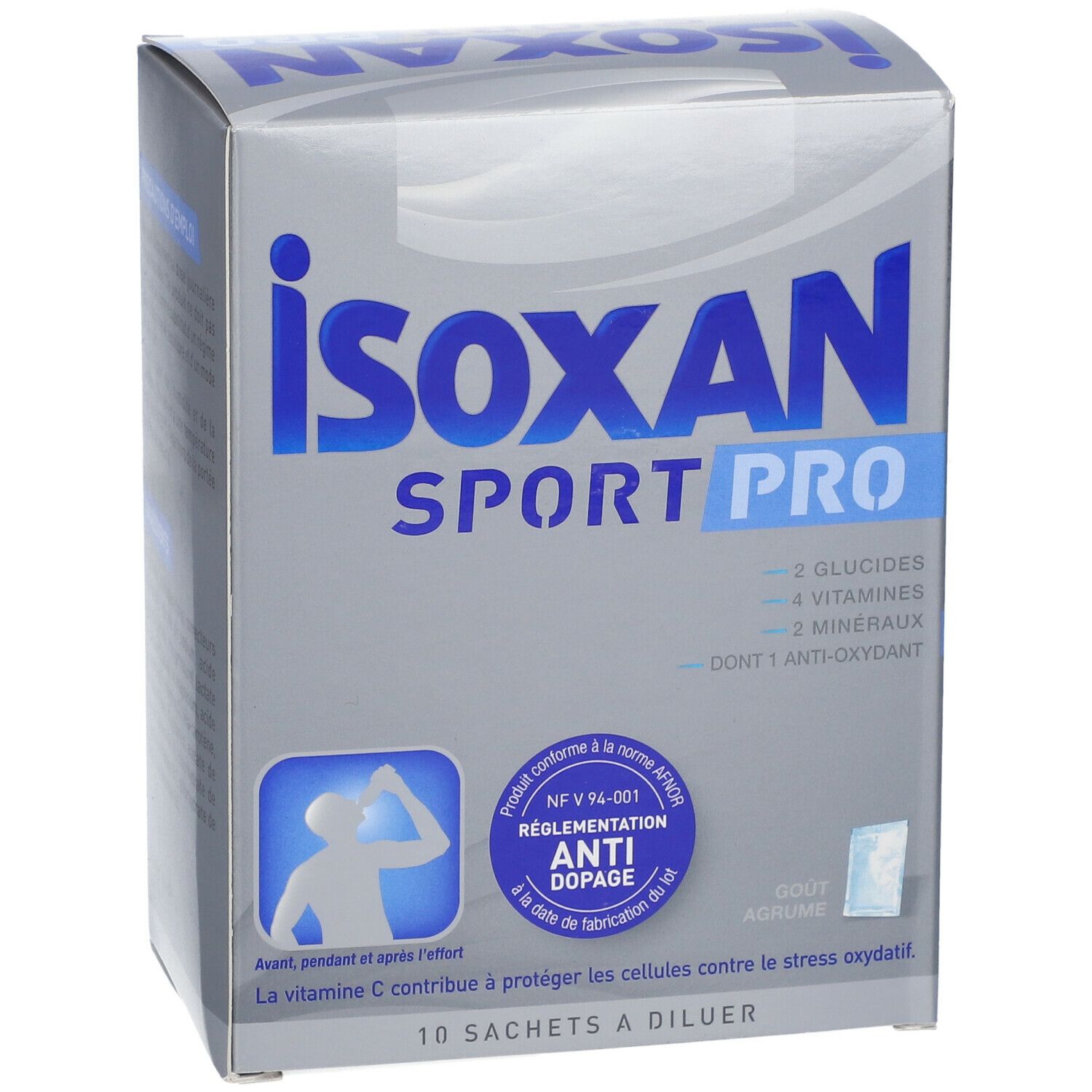 Boîte Isoxan Sport Pro. Contient 10 sachets. Inscription : 2 glucides, 4 vitamines, 2 minéraux, 1 antioxydant. Certification anti-dopage.