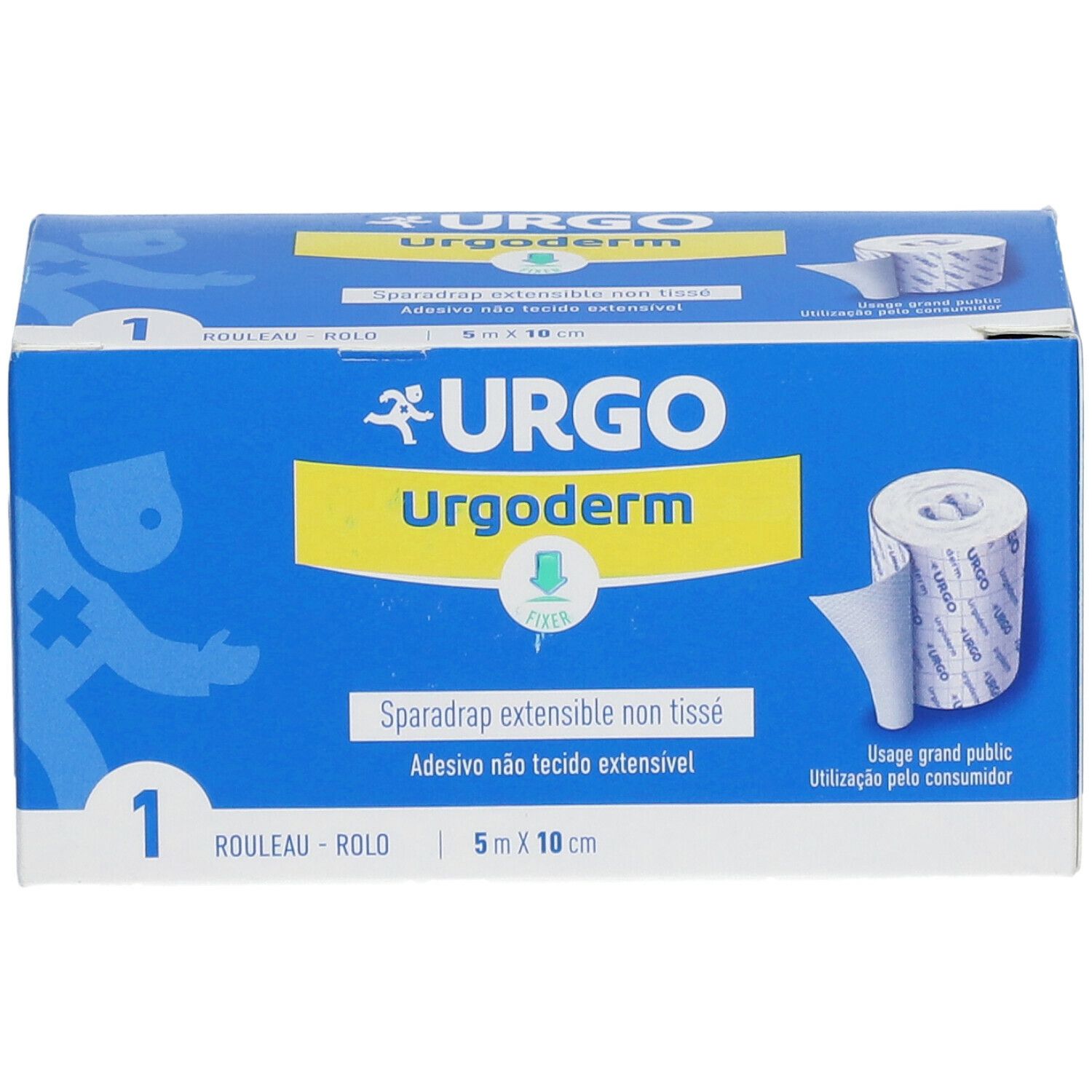 Blau-weiße Schachtel mit Urgo Urgoderm. Auf der Schachtel ist ein Rollenverband abgebildet. Größe: 5 m x 10 cm.