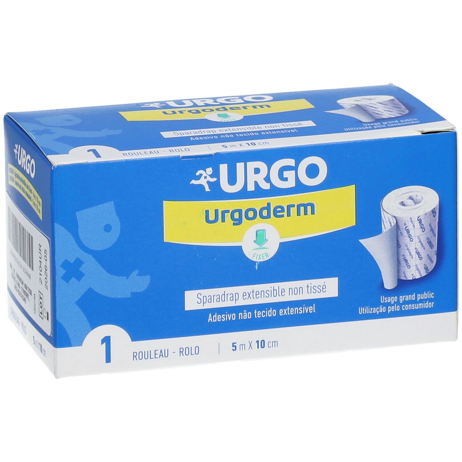 Blau-weiße Schachtel mit Urgo Urgoderm. Auf der Schachtel ist ein Rollenverband abgebildet. Größe: 5 m x 10 cm.