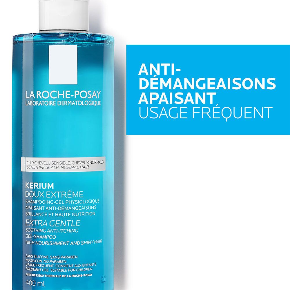 Flacon bleu, bouchon blanc. Texte: Anti-démangeaisons, apaisant, usage fréquent.