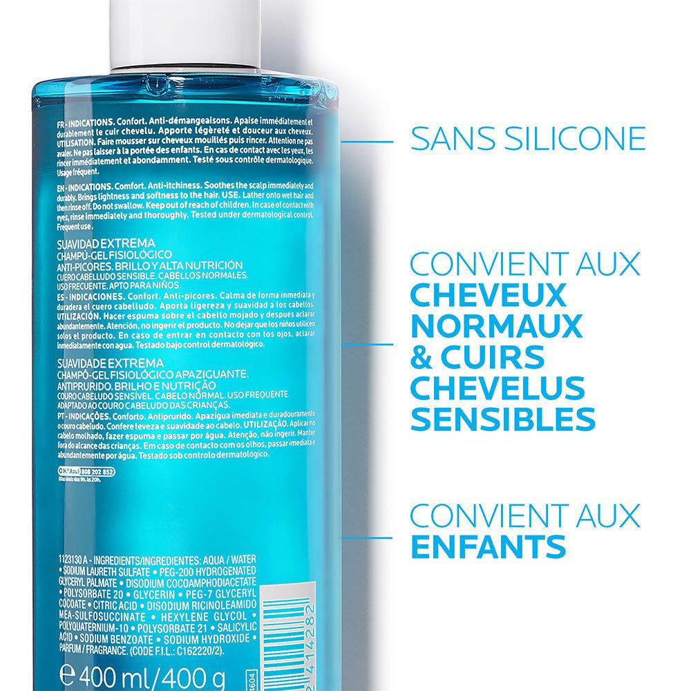 Dos du flacon bleu. Texte: Sans silicone. Convient aux cheveux normaux et sensibles.