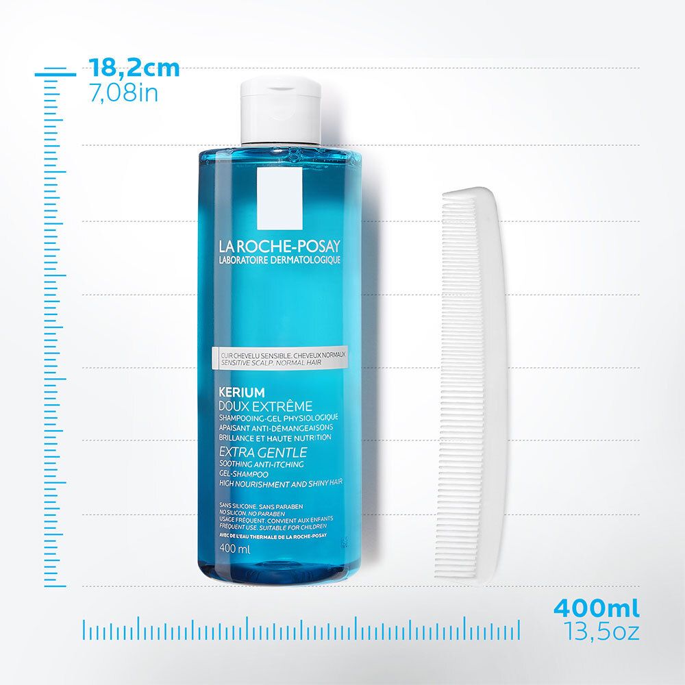 Flacon bleu, bouchon blanc et peigne. Dimensions: 18,2 cm/7,08 pouces, 400 ml/13,5 oz.