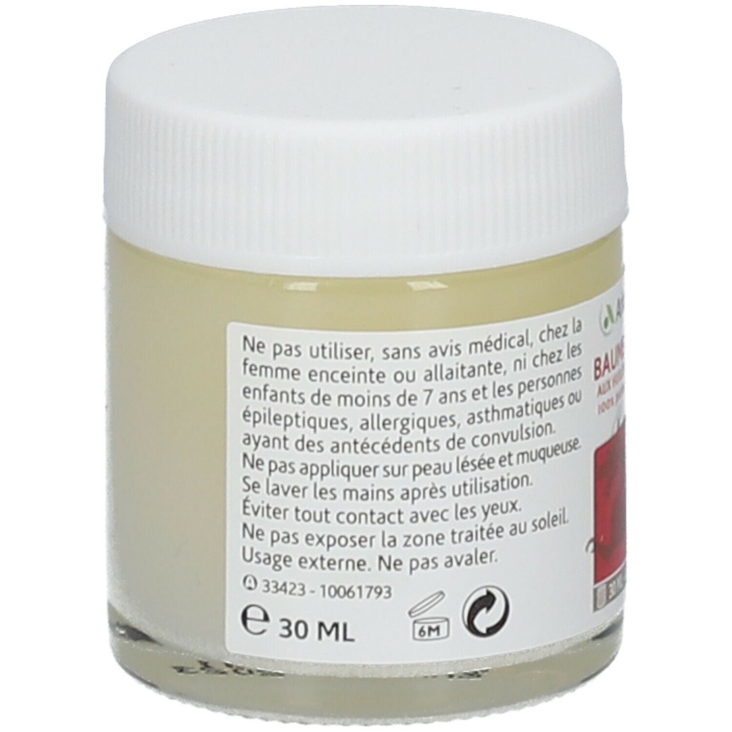 Pot en verre avec couvercle blanc. Inscription: 30 ml. Avertissements sur l'étiquette.