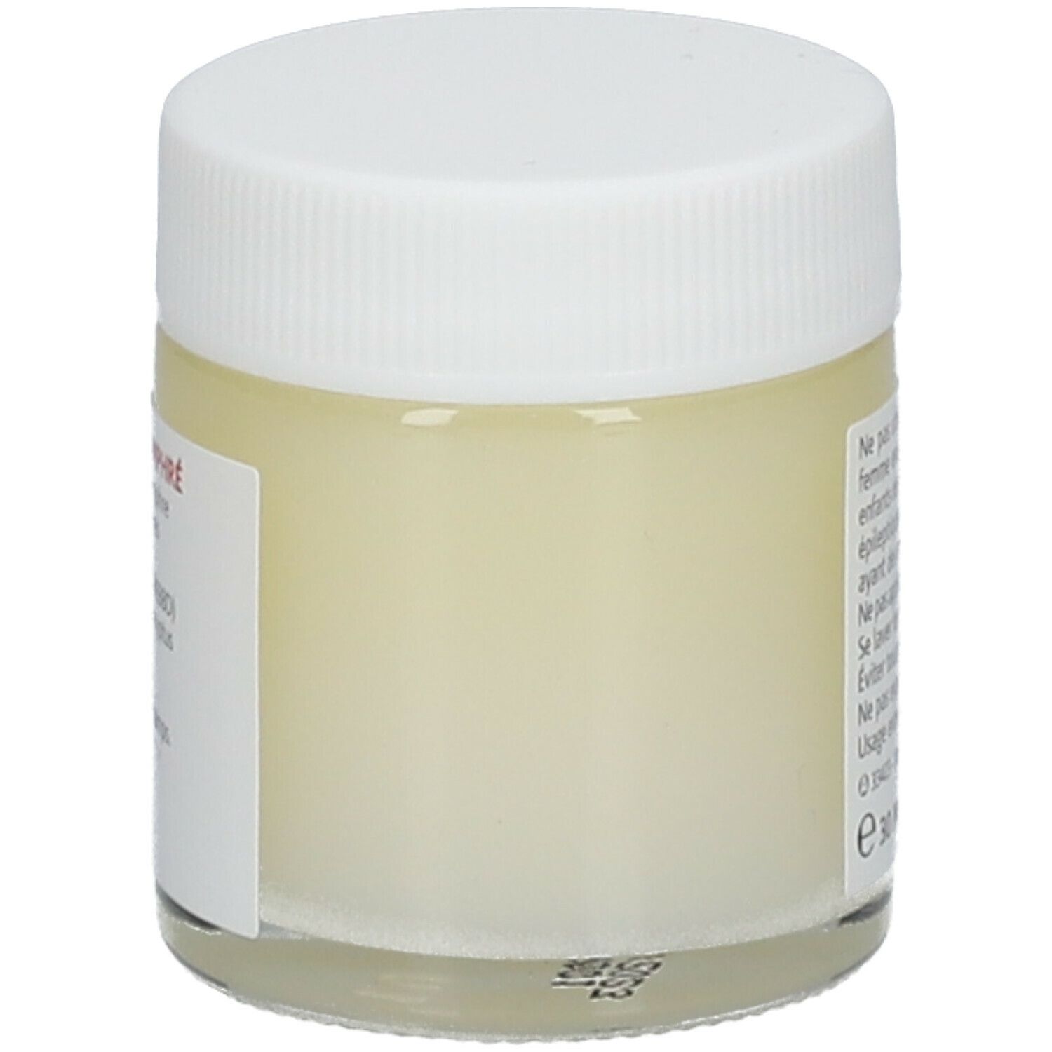 Pot en verre avec couvercle blanc. Produit visible. Inscription: 30 ml.